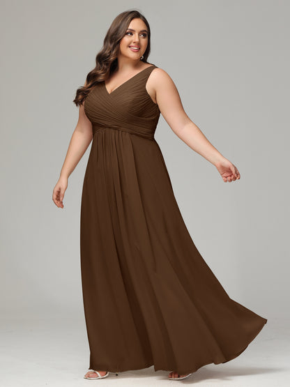 V-neck Straps Chiffon Plus Size Long Bridesmaid Dresses