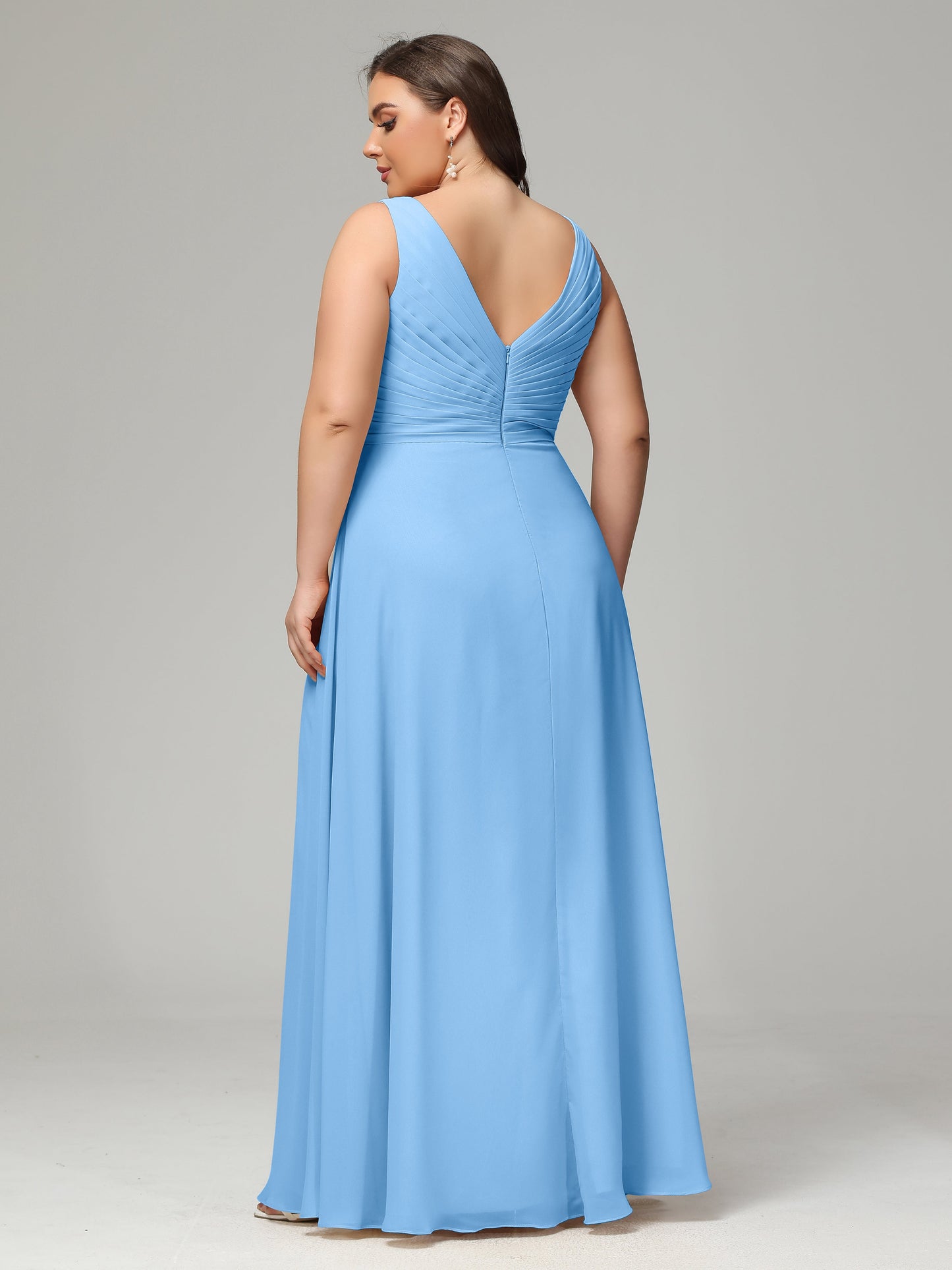 V-neck Straps Chiffon Plus Size Long Bridesmaid Dresses