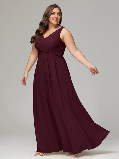 V-neck Straps Chiffon Plus Size Long Bridesmaid Dresses
