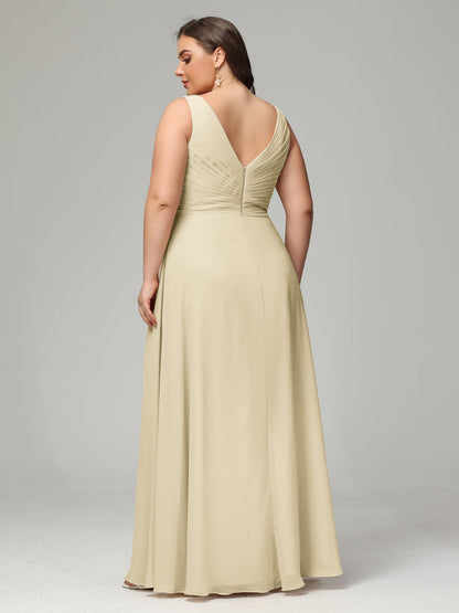 V-neck Straps Chiffon Plus Size Long Bridesmaid Dresses