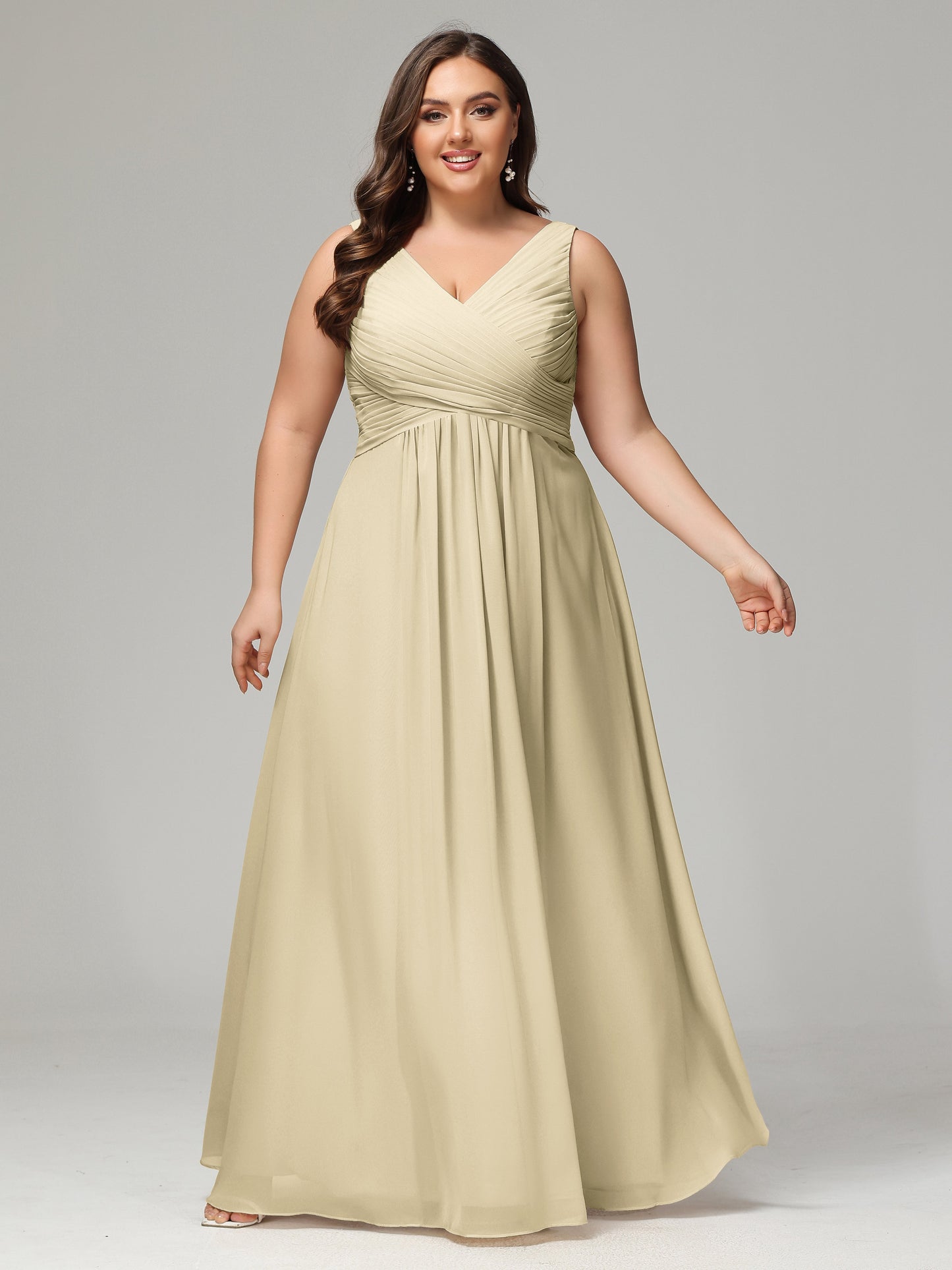 V-neck Straps Chiffon Plus Size Long Bridesmaid Dresses