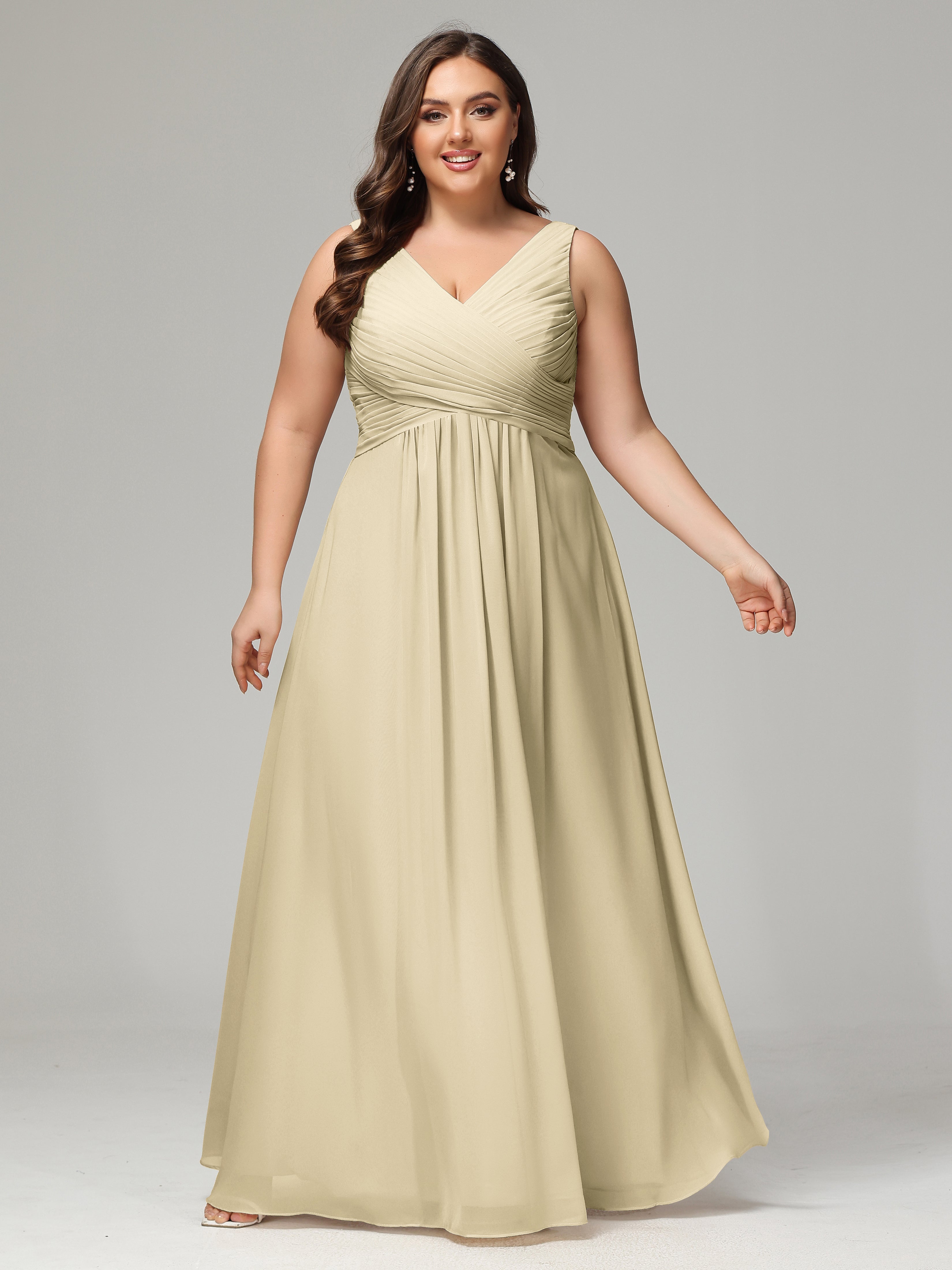 V-neck Straps Chiffon Plus Size Long Bridesmaid Dresses