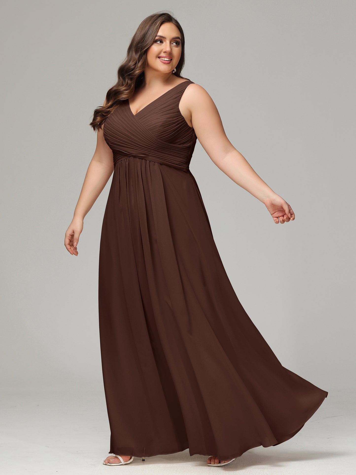 V-neck Straps Chiffon Plus Size Long Bridesmaid Dresses