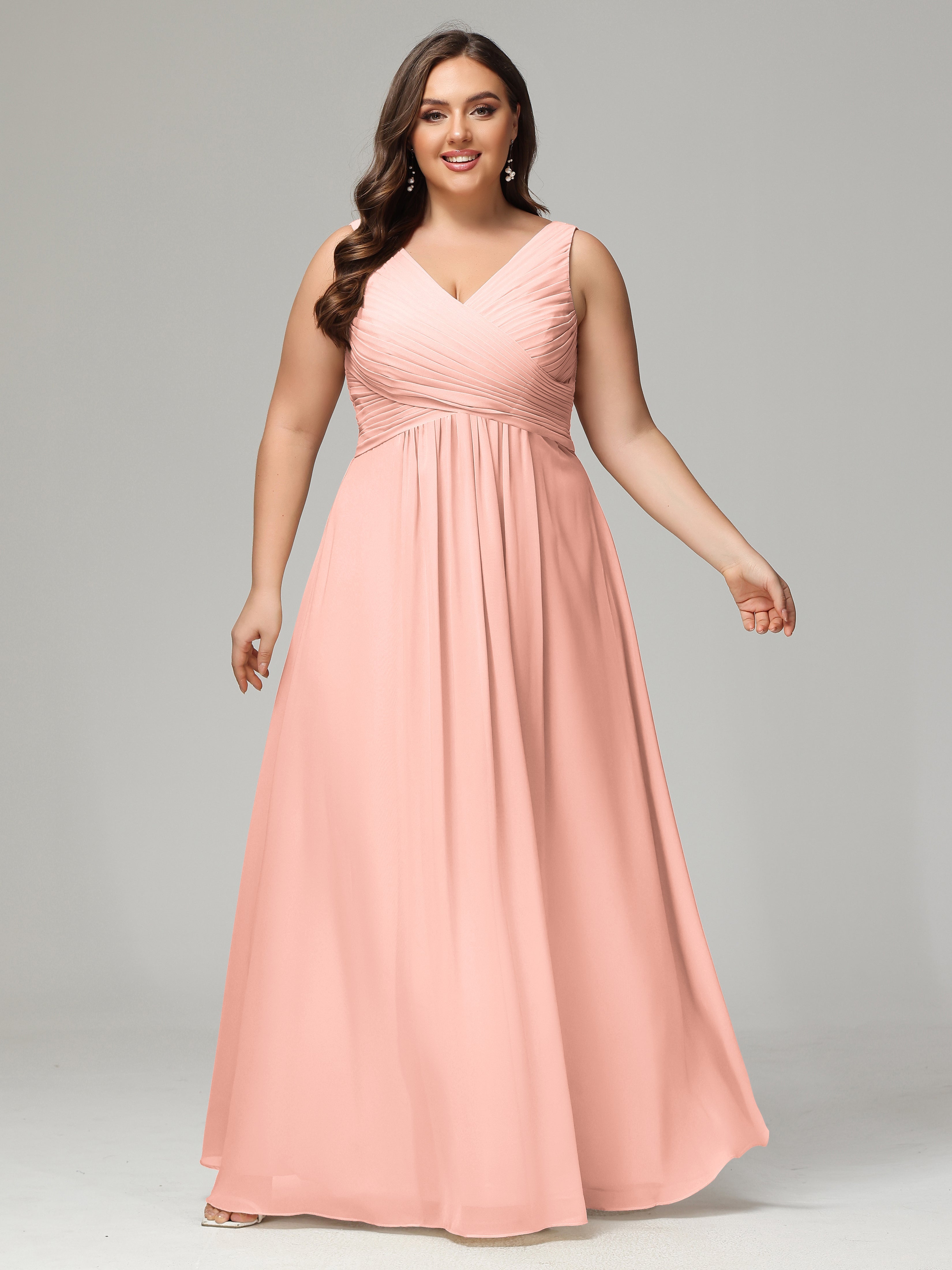 V-neck Straps Chiffon Plus Size Long Bridesmaid Dresses