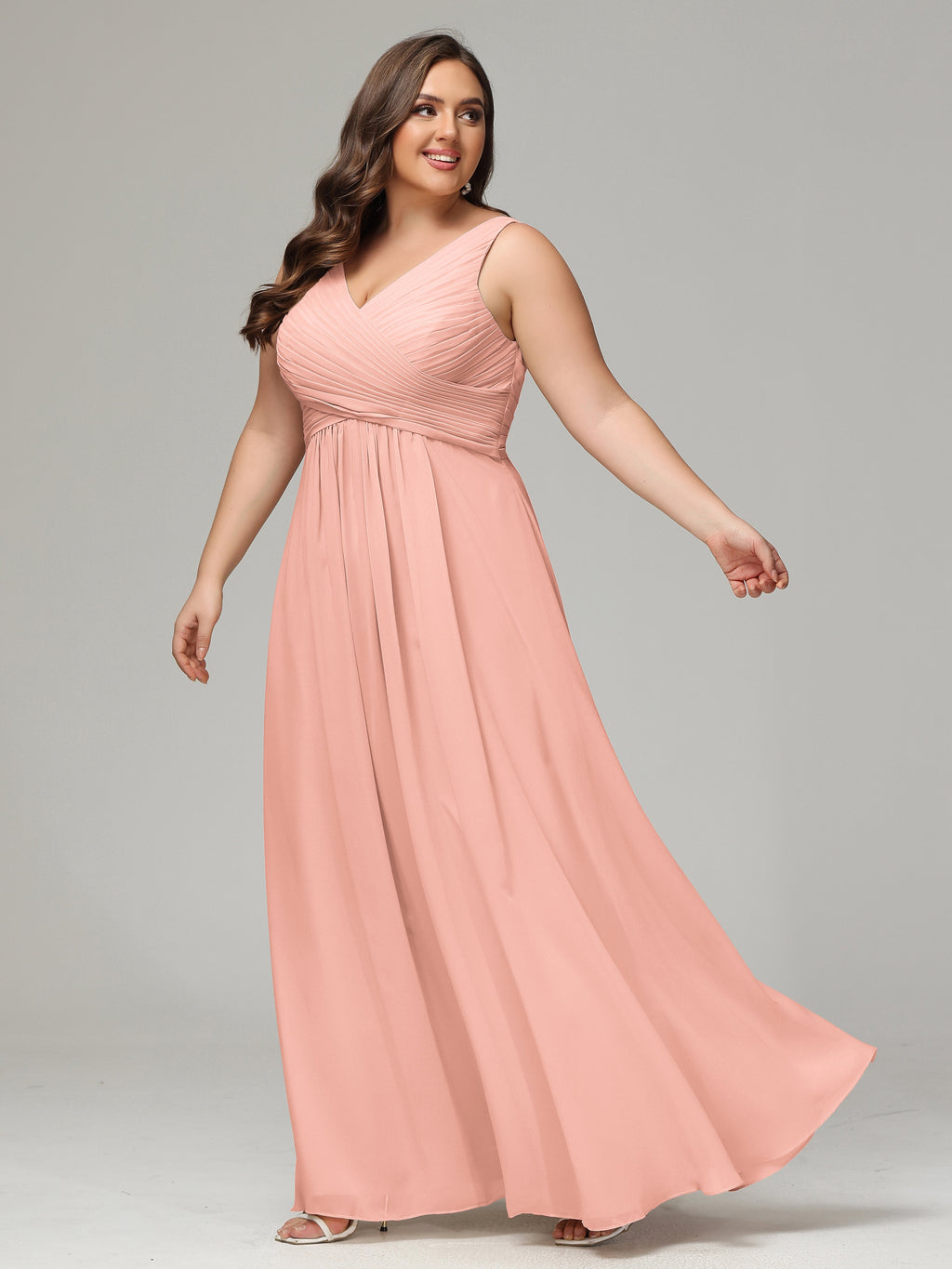 V-neck Straps Chiffon Plus Size Long Bridesmaid Dresses