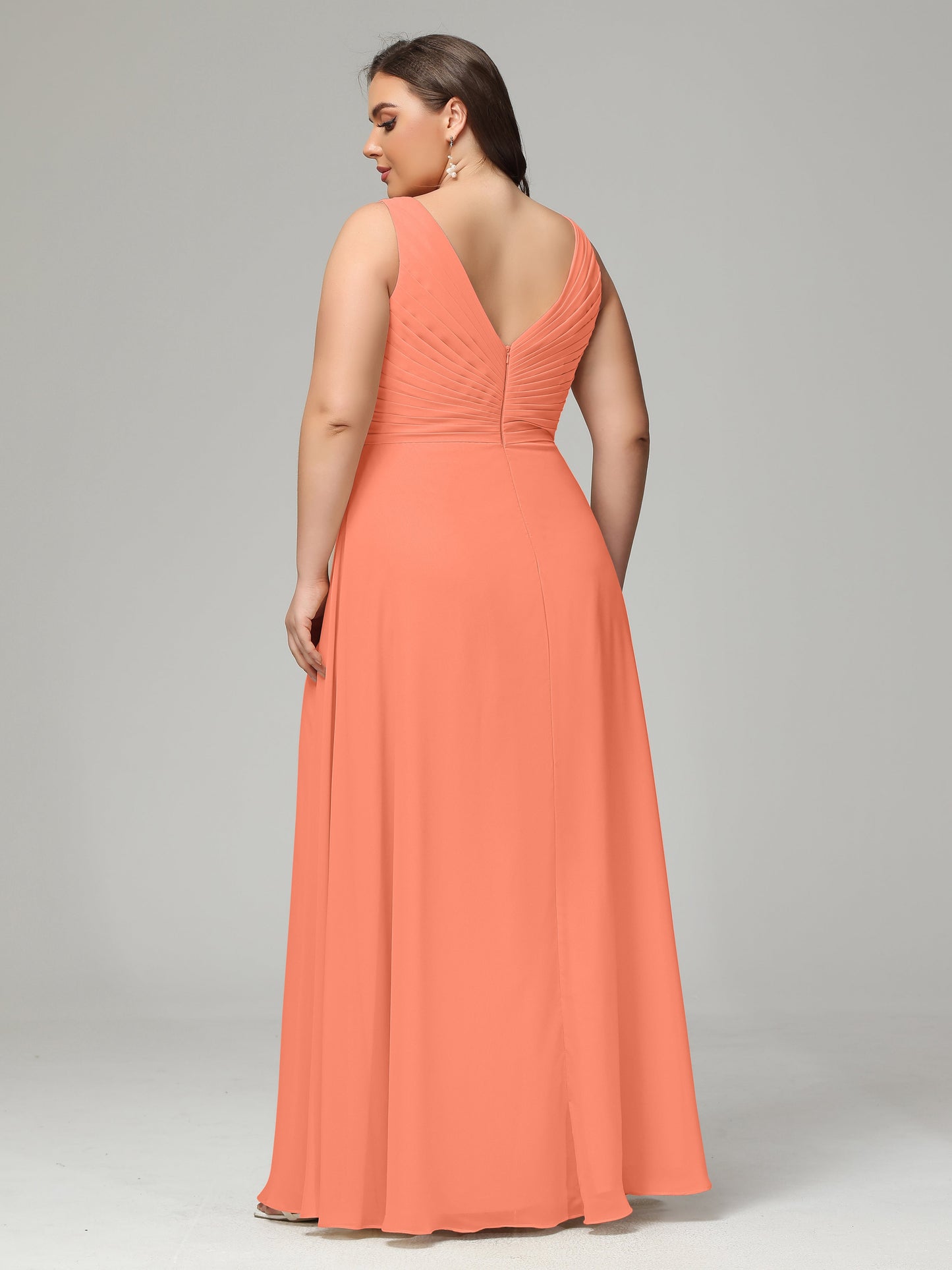 V-neck Straps Chiffon Plus Size Long Bridesmaid Dresses