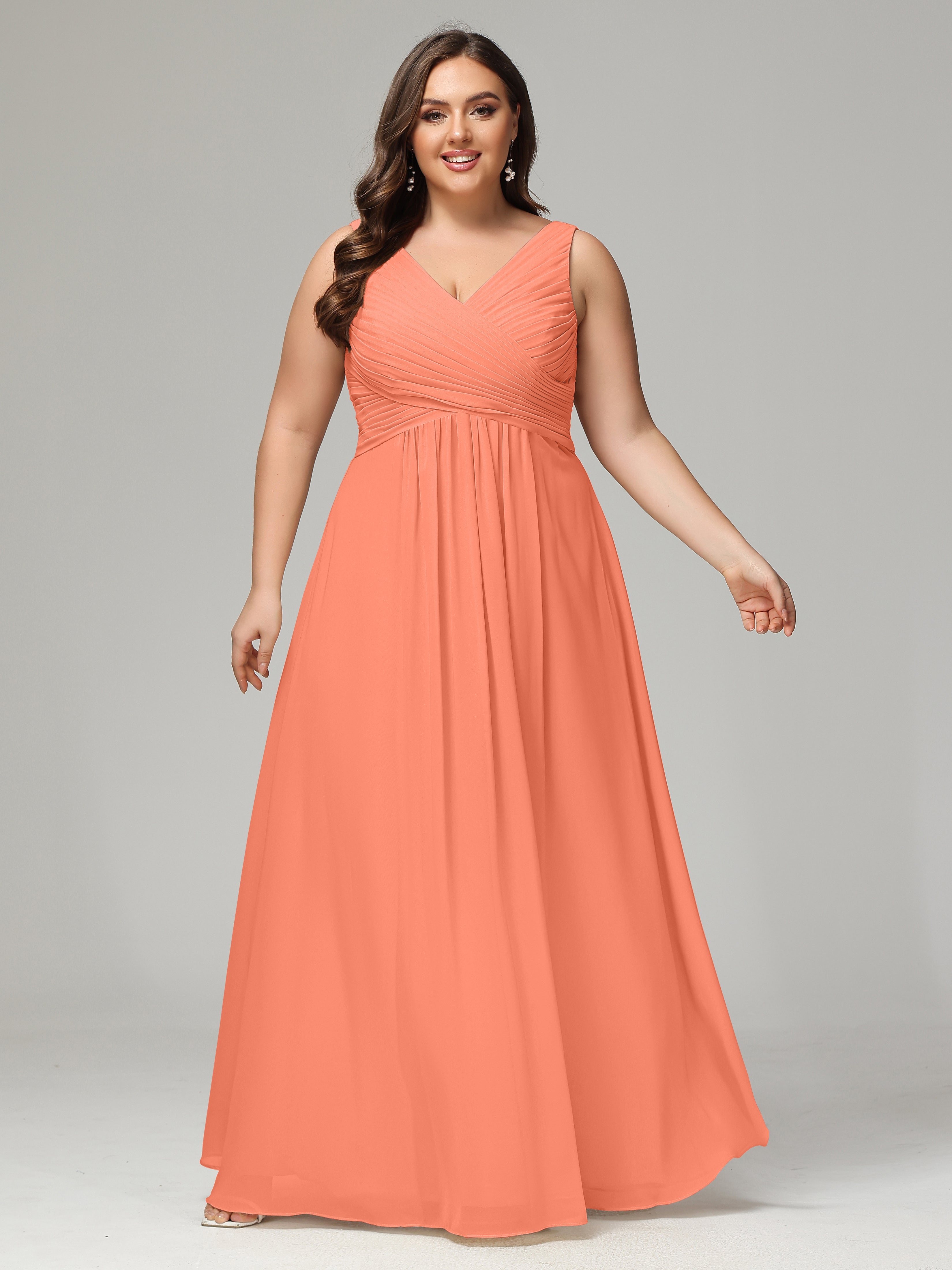 V-neck Straps Chiffon Plus Size Long Bridesmaid Dresses