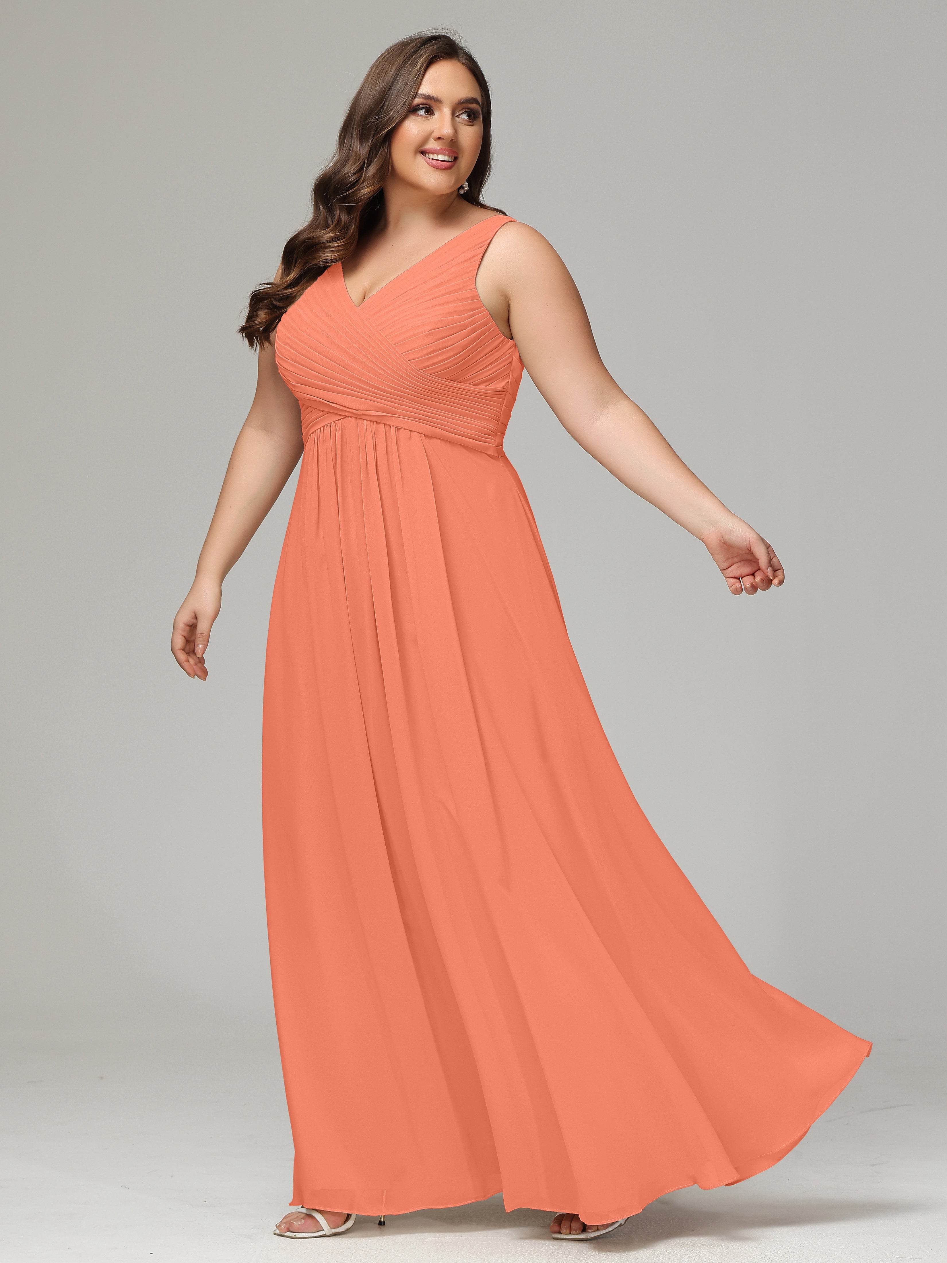V-neck Straps Chiffon Plus Size Long Bridesmaid Dresses