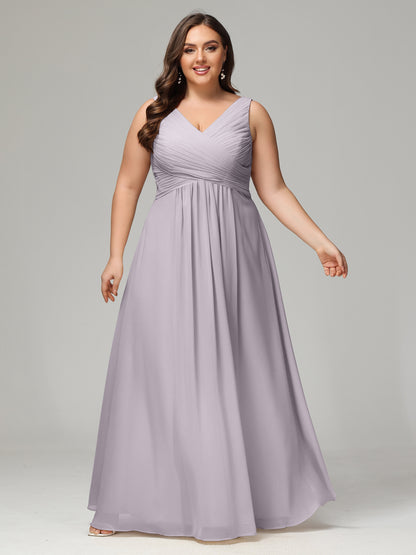 V-neck Straps Chiffon Plus Size Long Bridesmaid Dresses