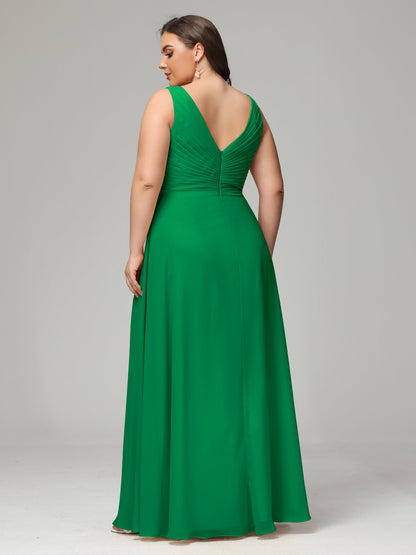 V-neck Straps Chiffon Plus Size Long Bridesmaid Dresses
