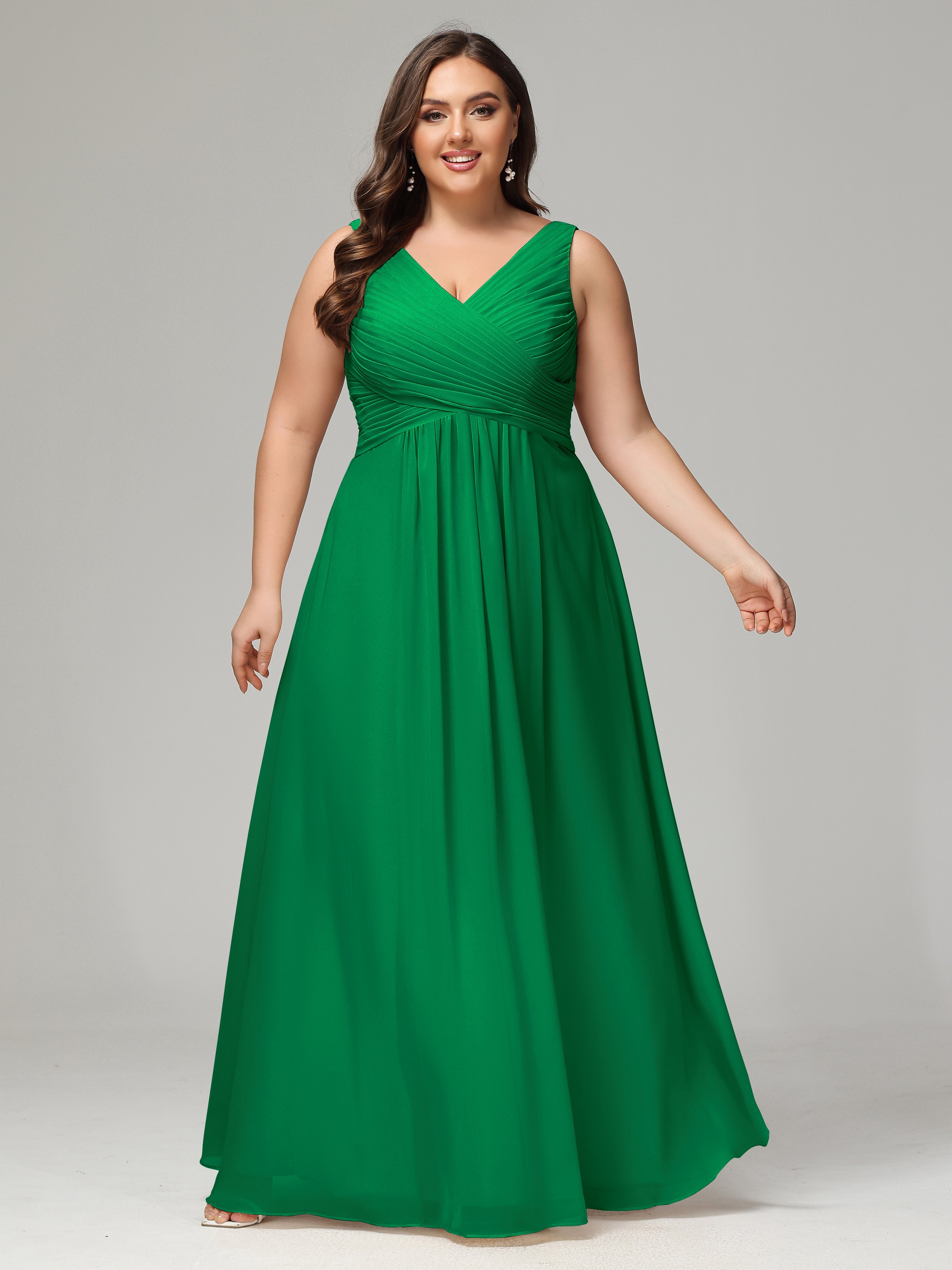 V-neck Straps Chiffon Plus Size Long Bridesmaid Dresses