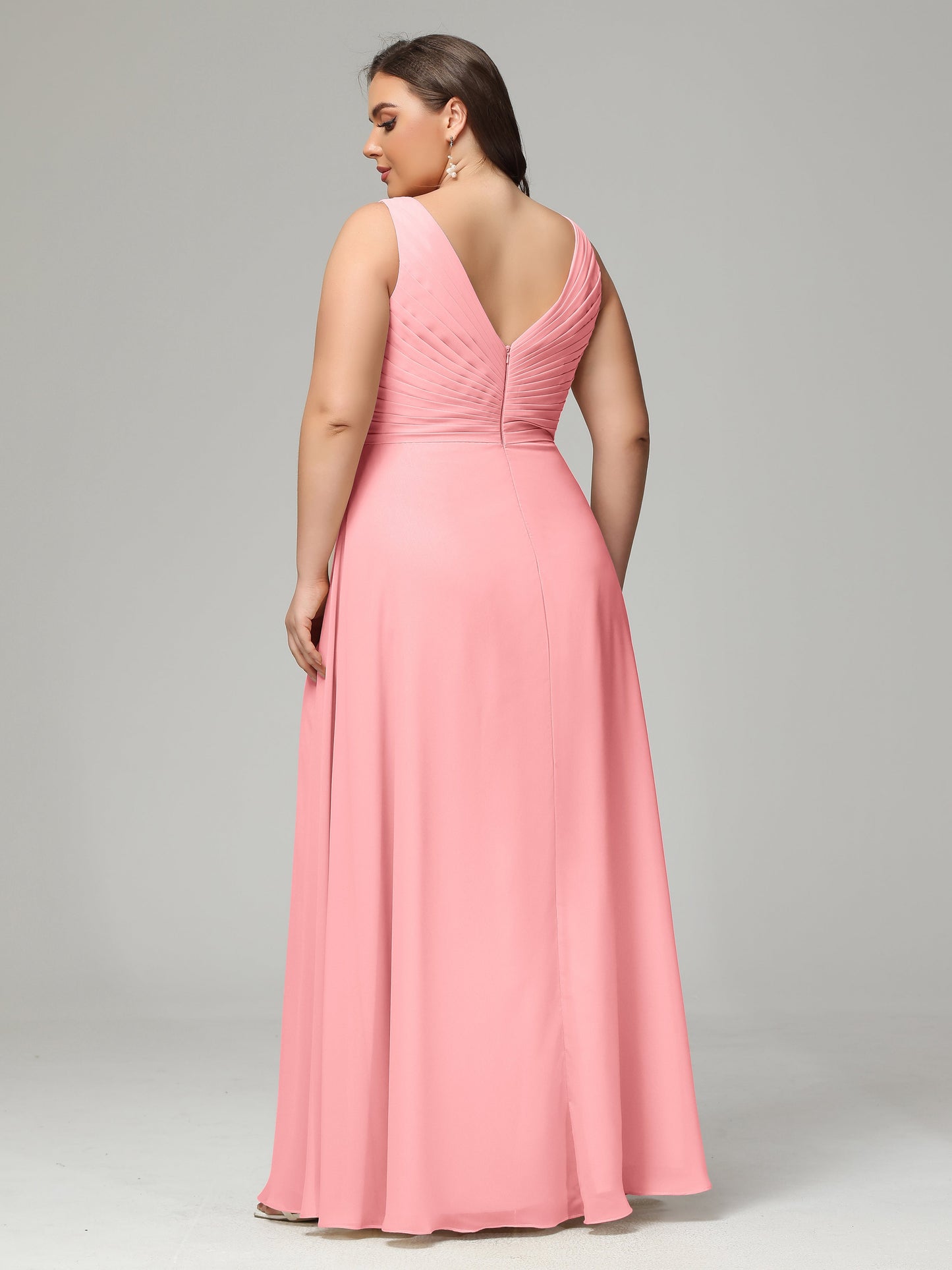 V-neck Straps Chiffon Plus Size Long Bridesmaid Dresses