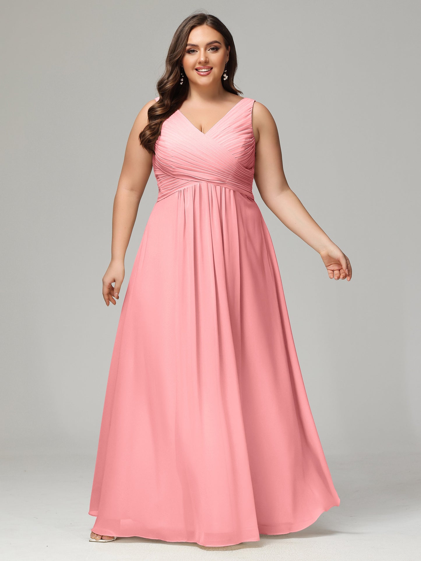 V-neck Straps Chiffon Plus Size Long Bridesmaid Dresses