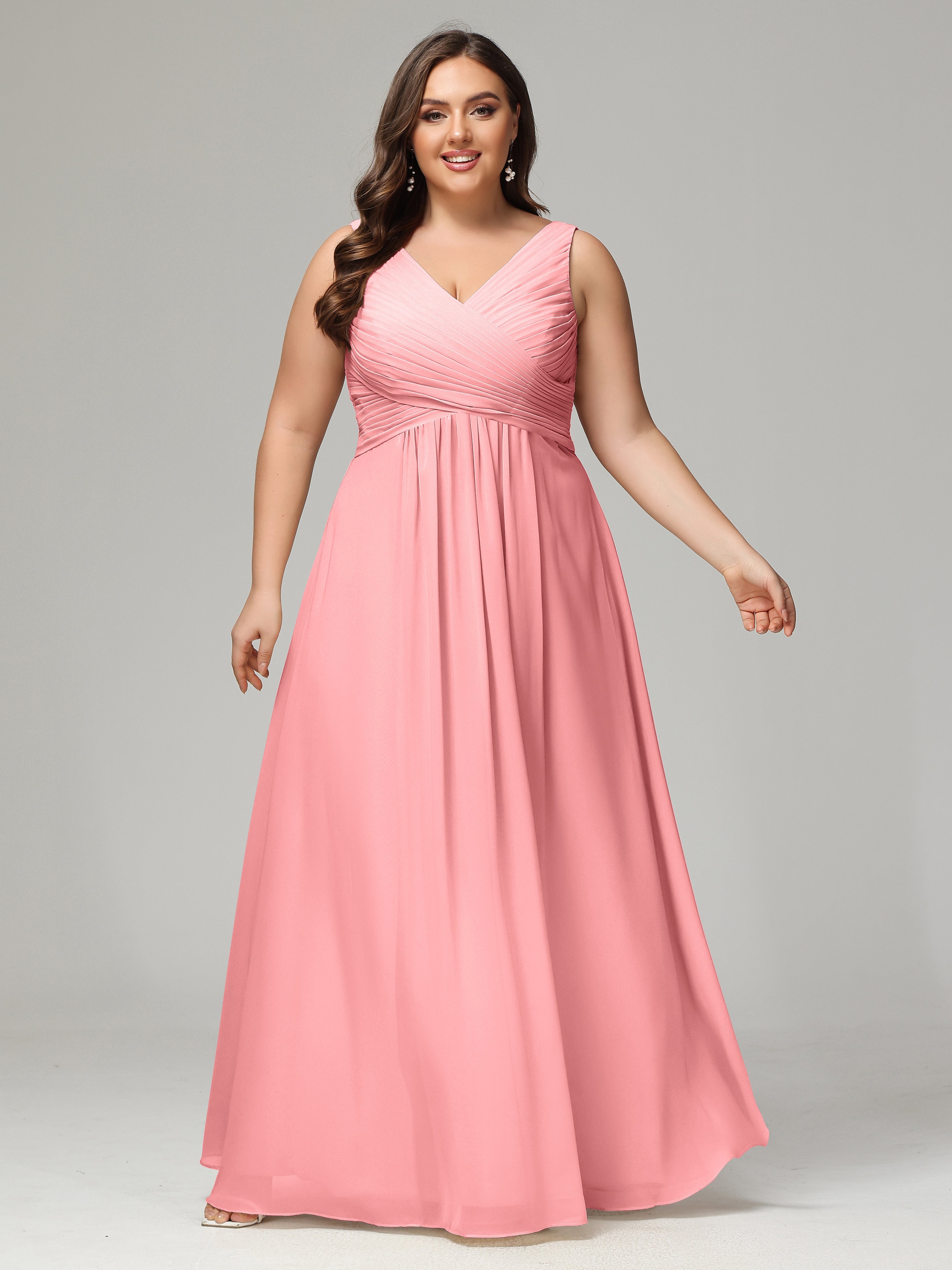 V-neck Straps Chiffon Plus Size Long Bridesmaid Dresses