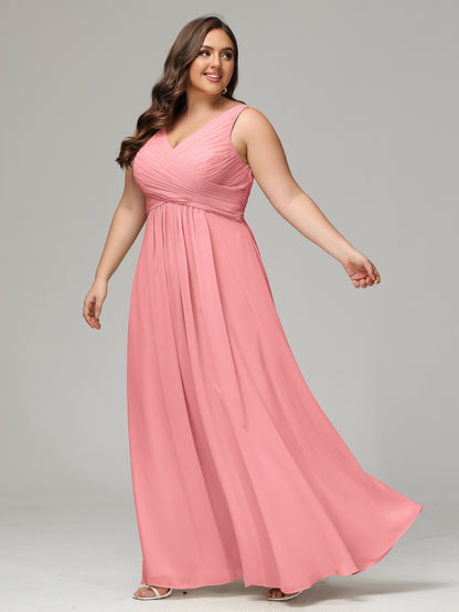 V-neck Straps Chiffon Plus Size Long Bridesmaid Dresses