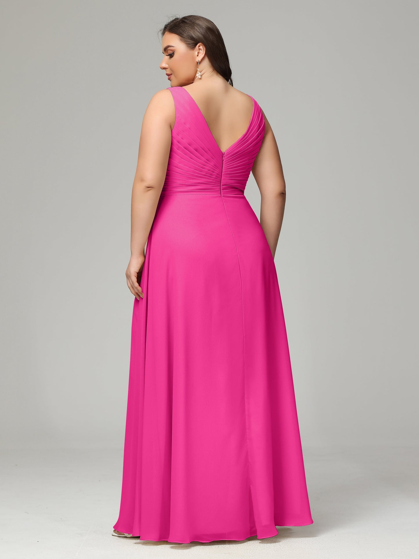 V-neck Straps Chiffon Plus Size Long Bridesmaid Dresses