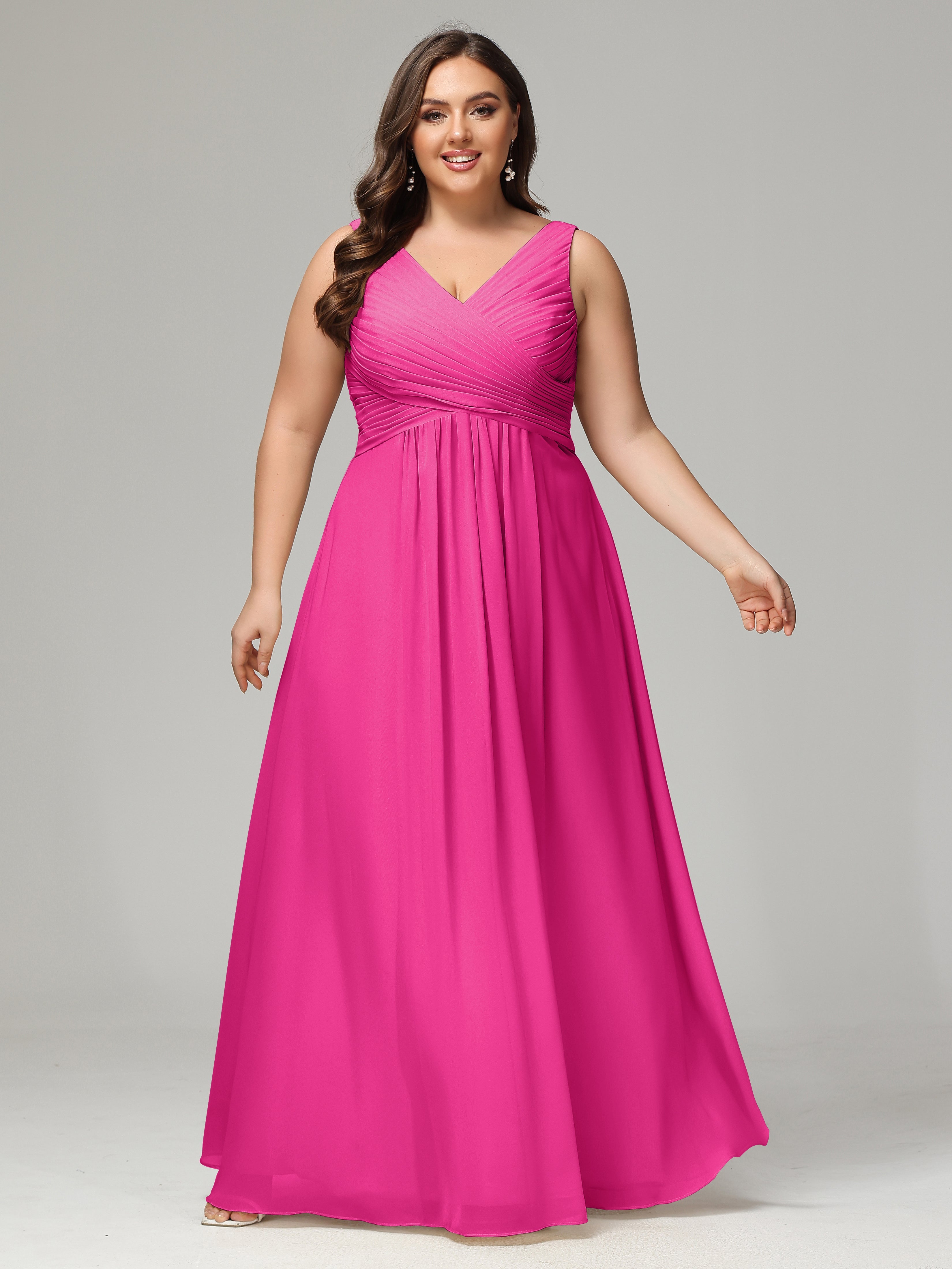 V-neck Straps Chiffon Plus Size Long Bridesmaid Dresses