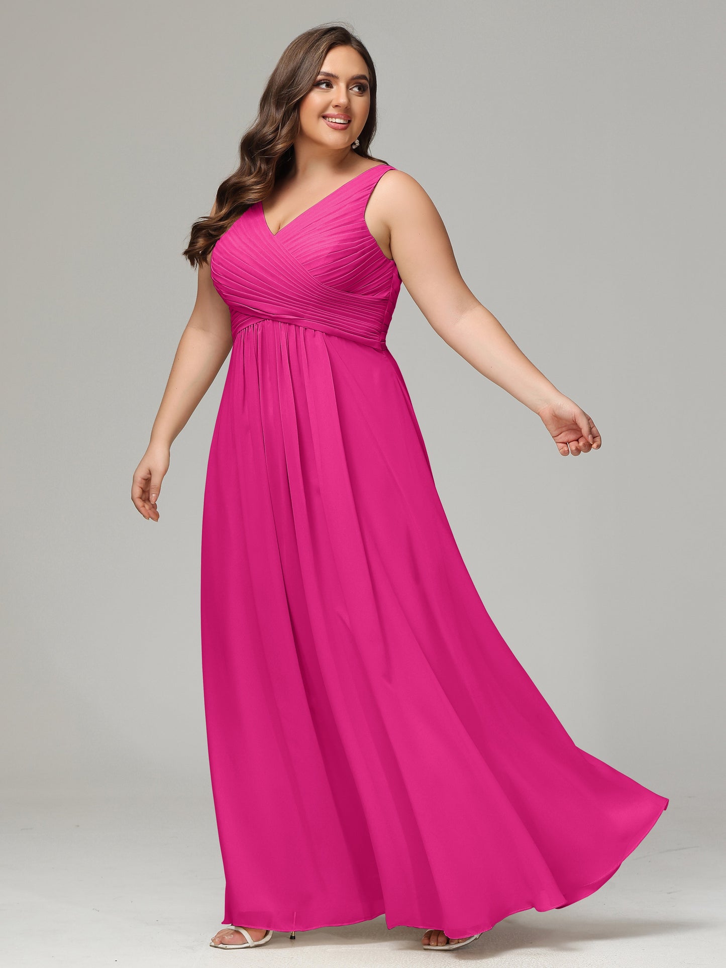V-neck Straps Chiffon Plus Size Long Bridesmaid Dresses