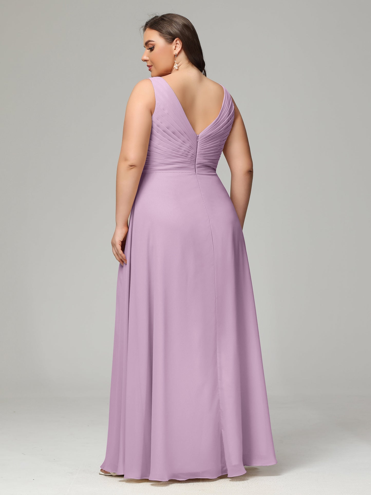 V-neck Straps Chiffon Plus Size Long Bridesmaid Dresses