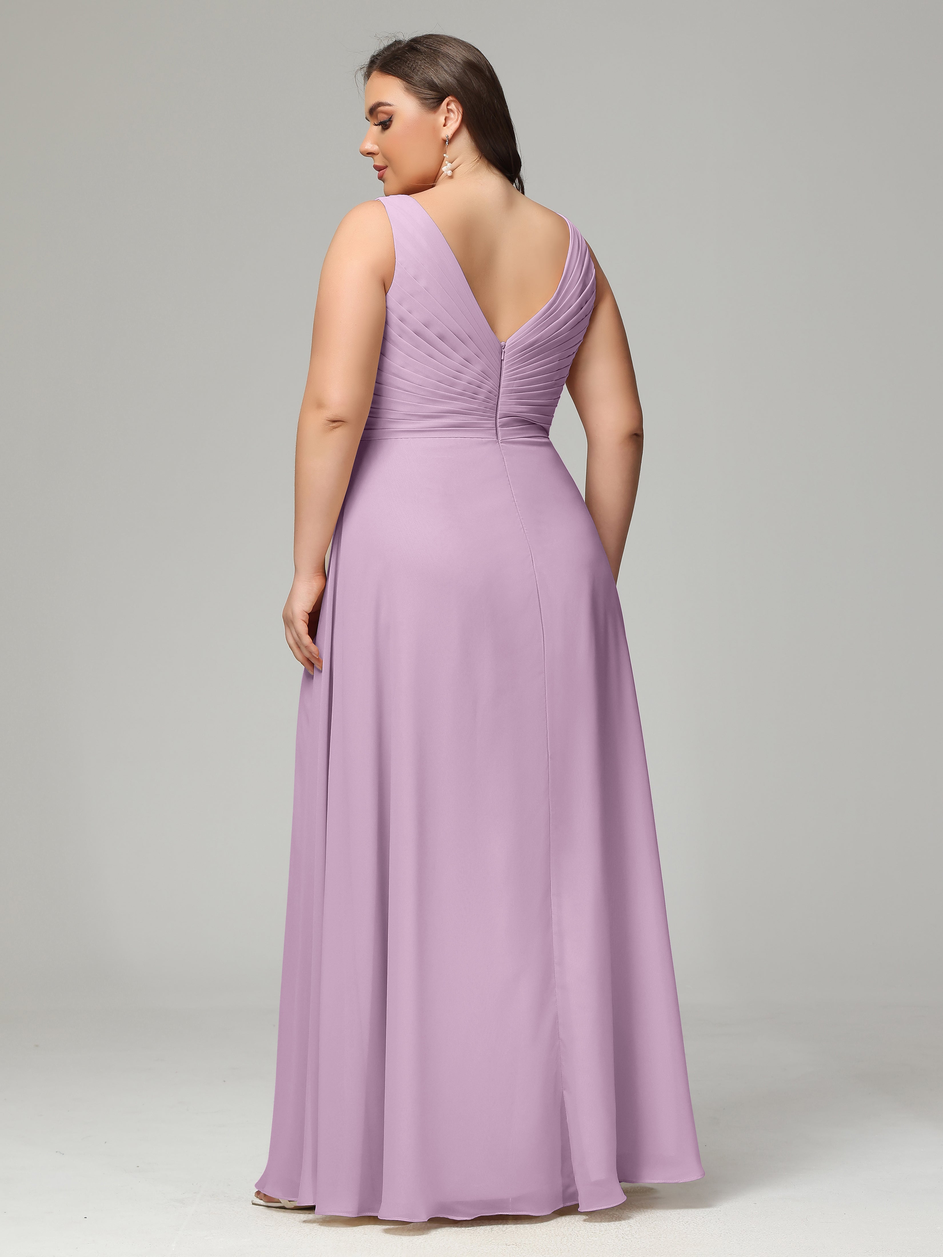 V-neck Straps Chiffon Plus Size Long Bridesmaid Dresses