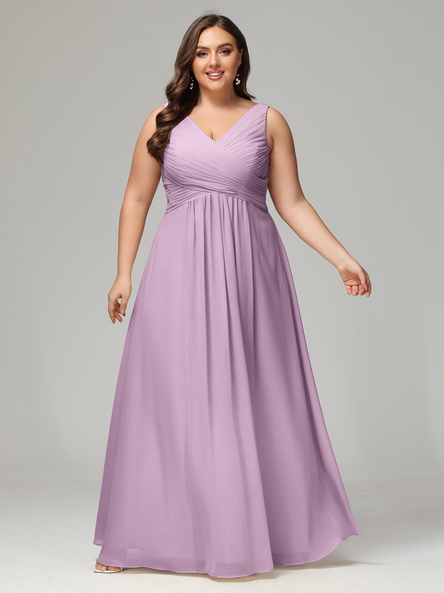 V-neck Straps Chiffon Plus Size Long Bridesmaid Dresses