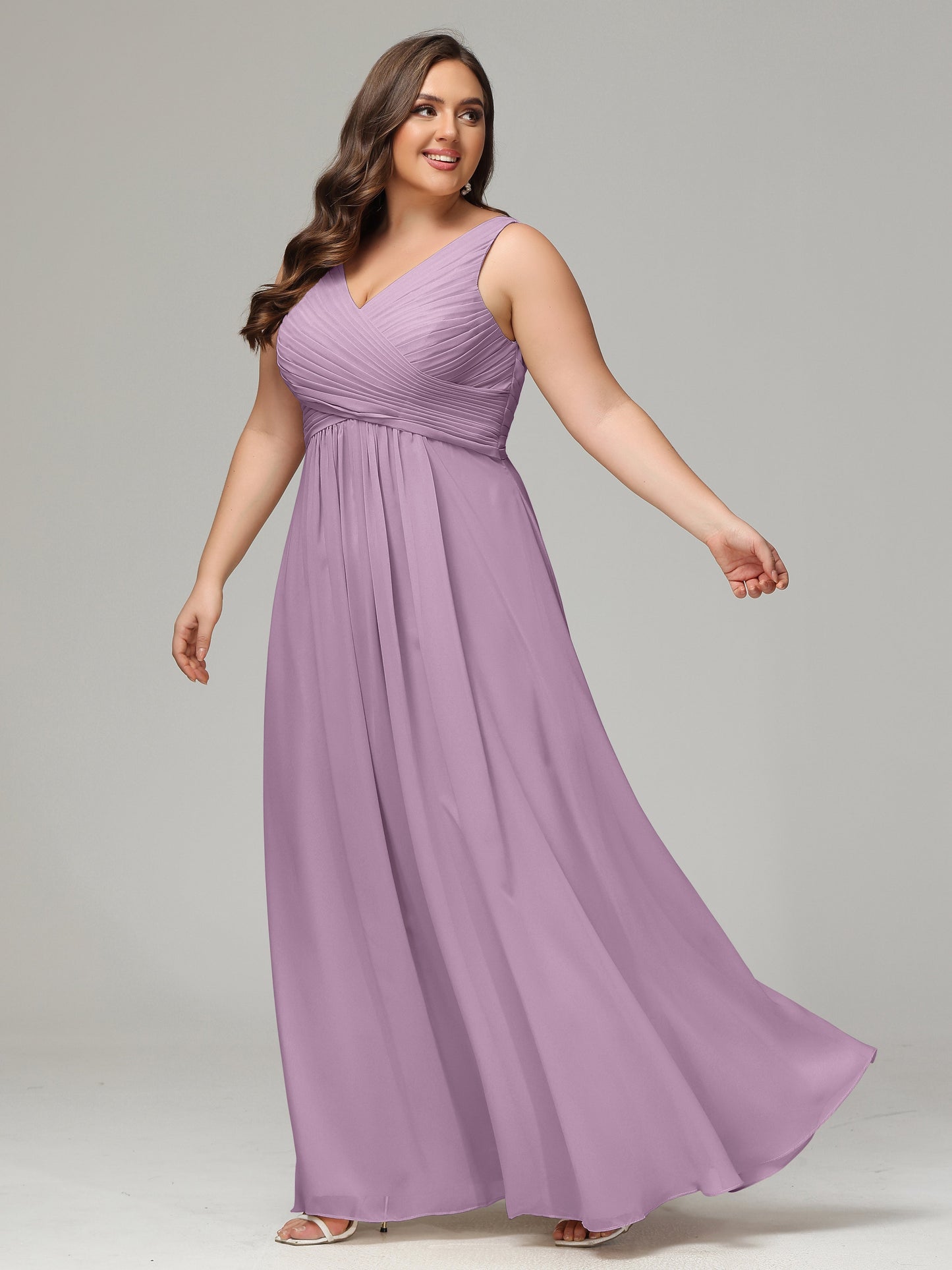 V-neck Straps Chiffon Plus Size Long Bridesmaid Dresses
