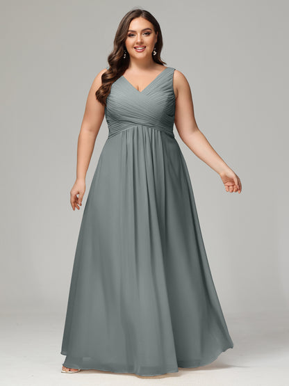 V-neck Straps Chiffon Plus Size Long Bridesmaid Dresses