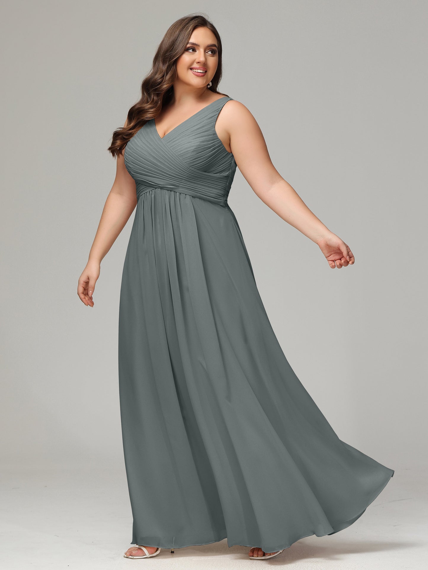 V-neck Straps Chiffon Plus Size Long Bridesmaid Dresses