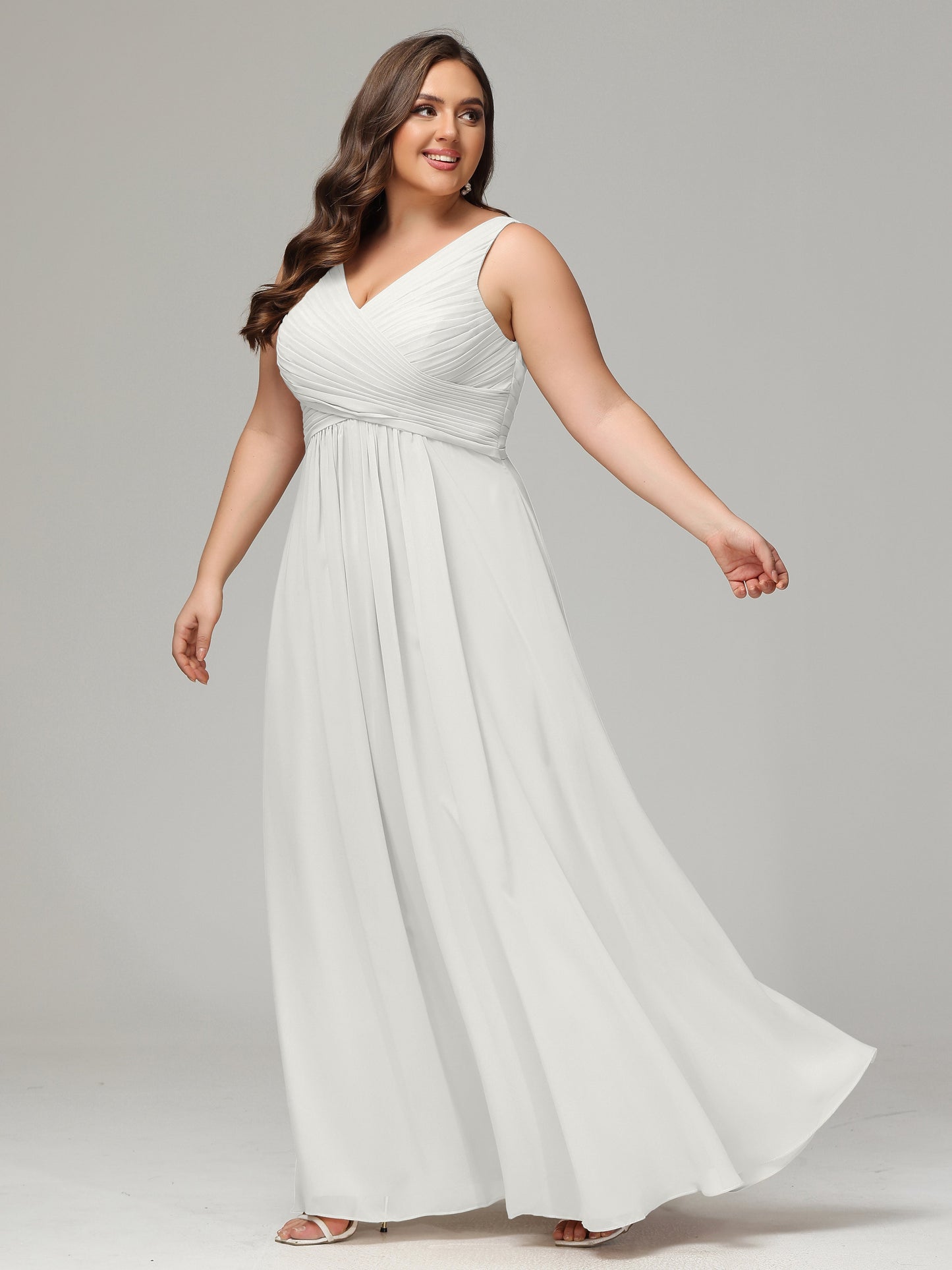 V-neck Straps Chiffon Plus Size Long Bridesmaid Dresses