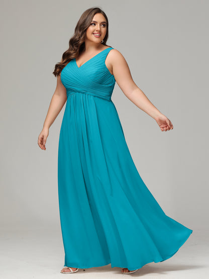 V-neck Straps Chiffon Plus Size Long Bridesmaid Dresses