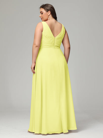 V-neck Straps Chiffon Plus Size Long Bridesmaid Dresses