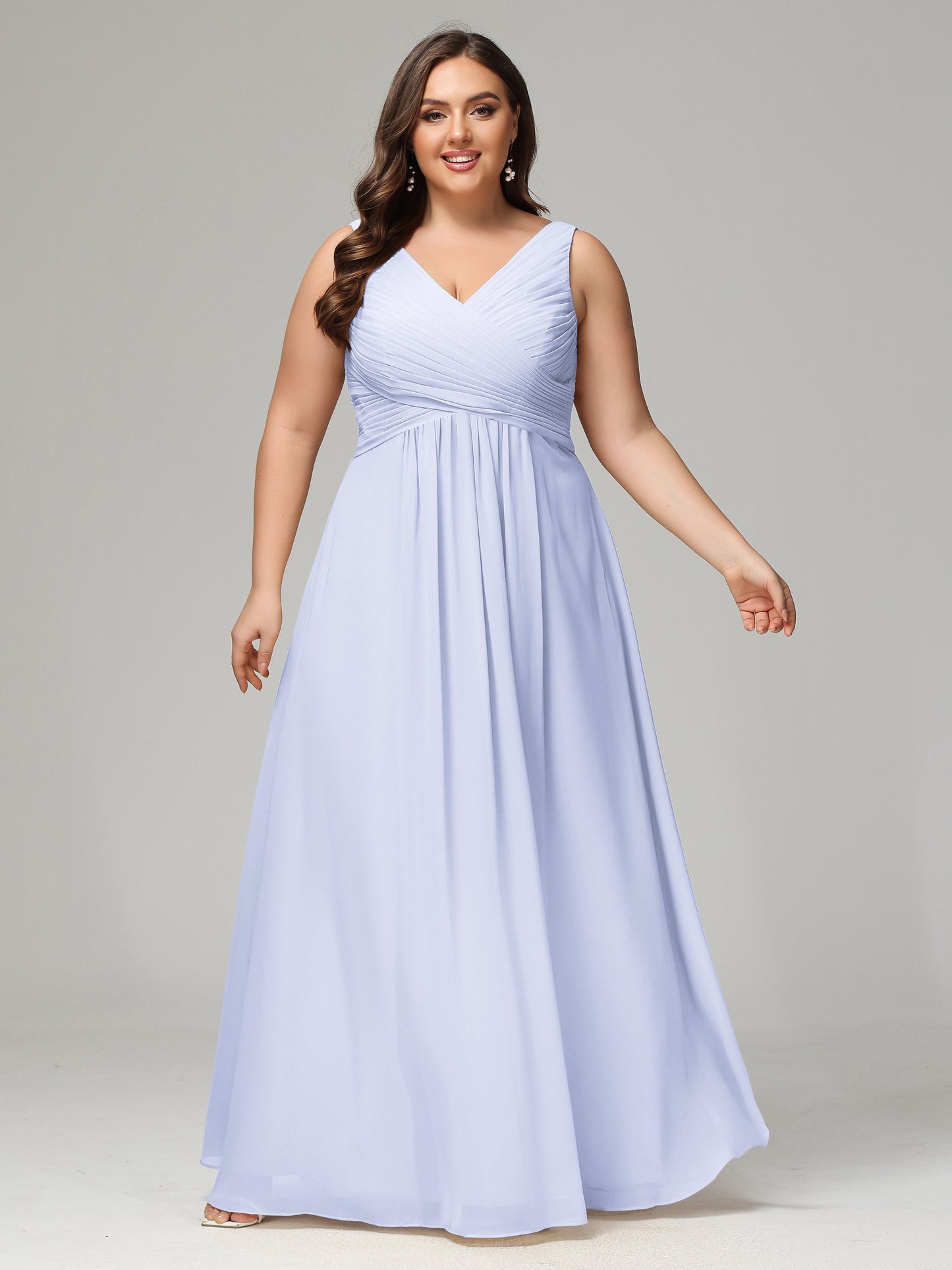 V-neck Straps Chiffon Plus Size Long Bridesmaid Dresses