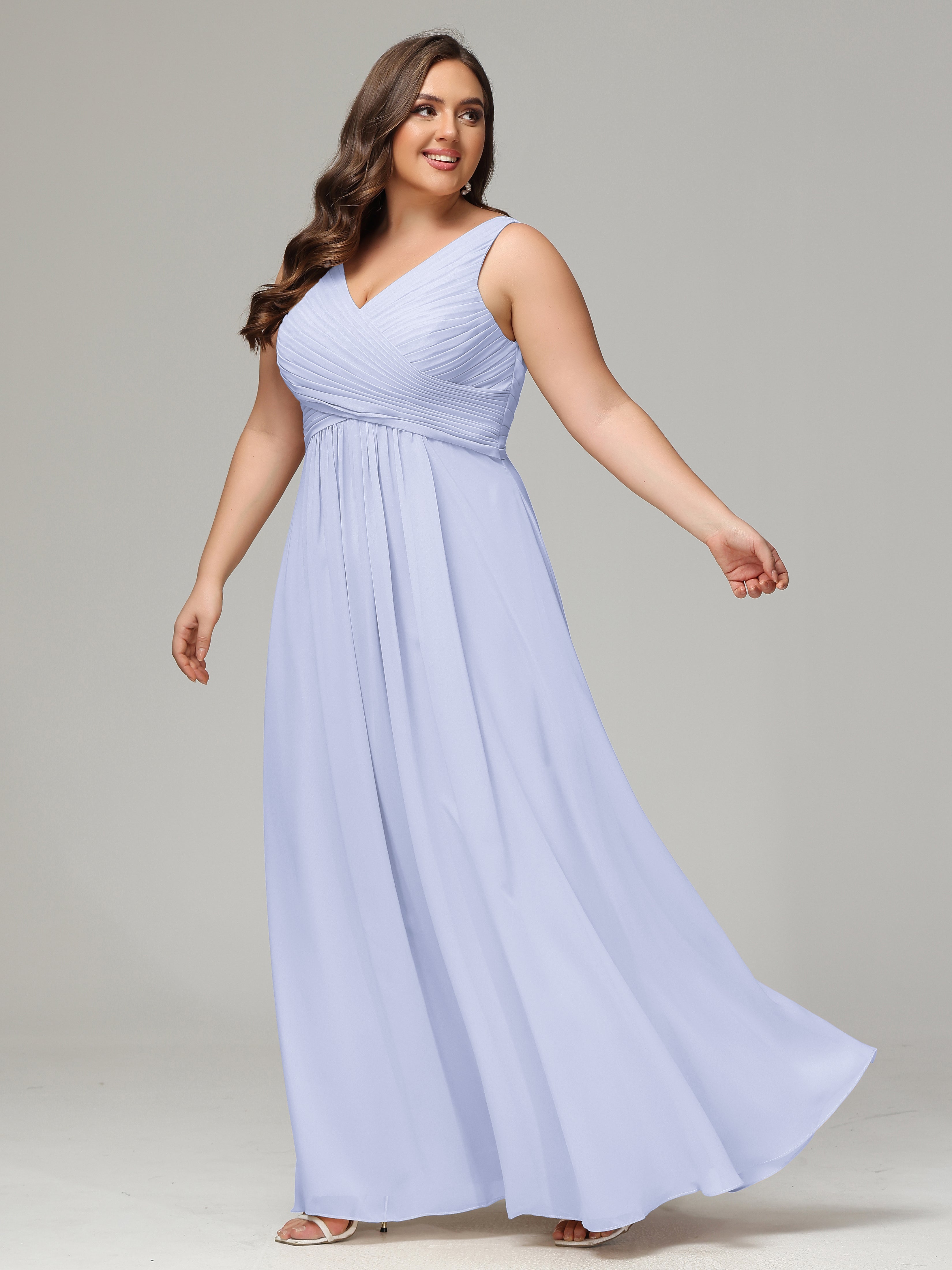 V-neck Straps Chiffon Plus Size Long Bridesmaid Dresses