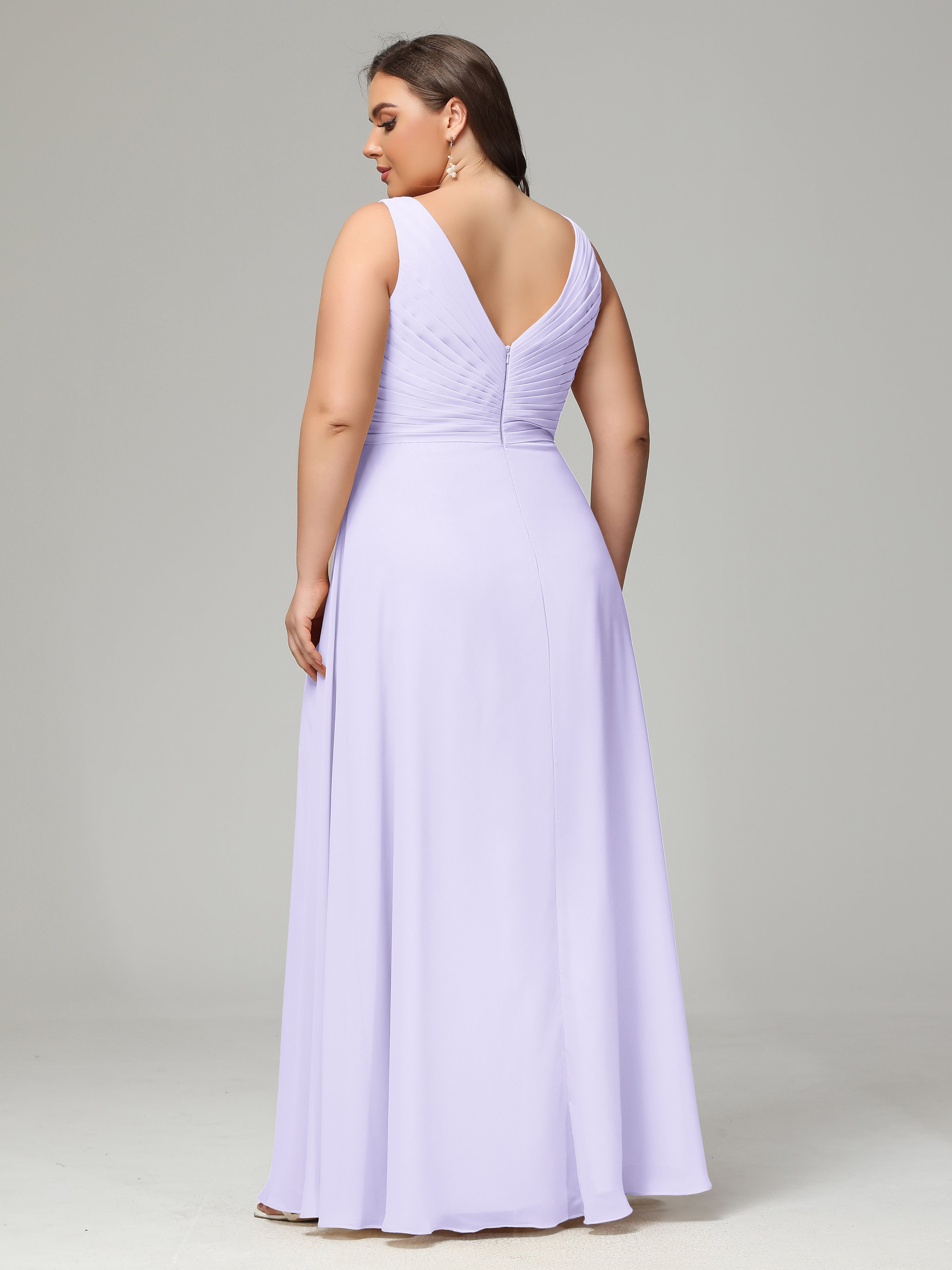 V-neck Straps Chiffon Plus Size Long Bridesmaid Dresses