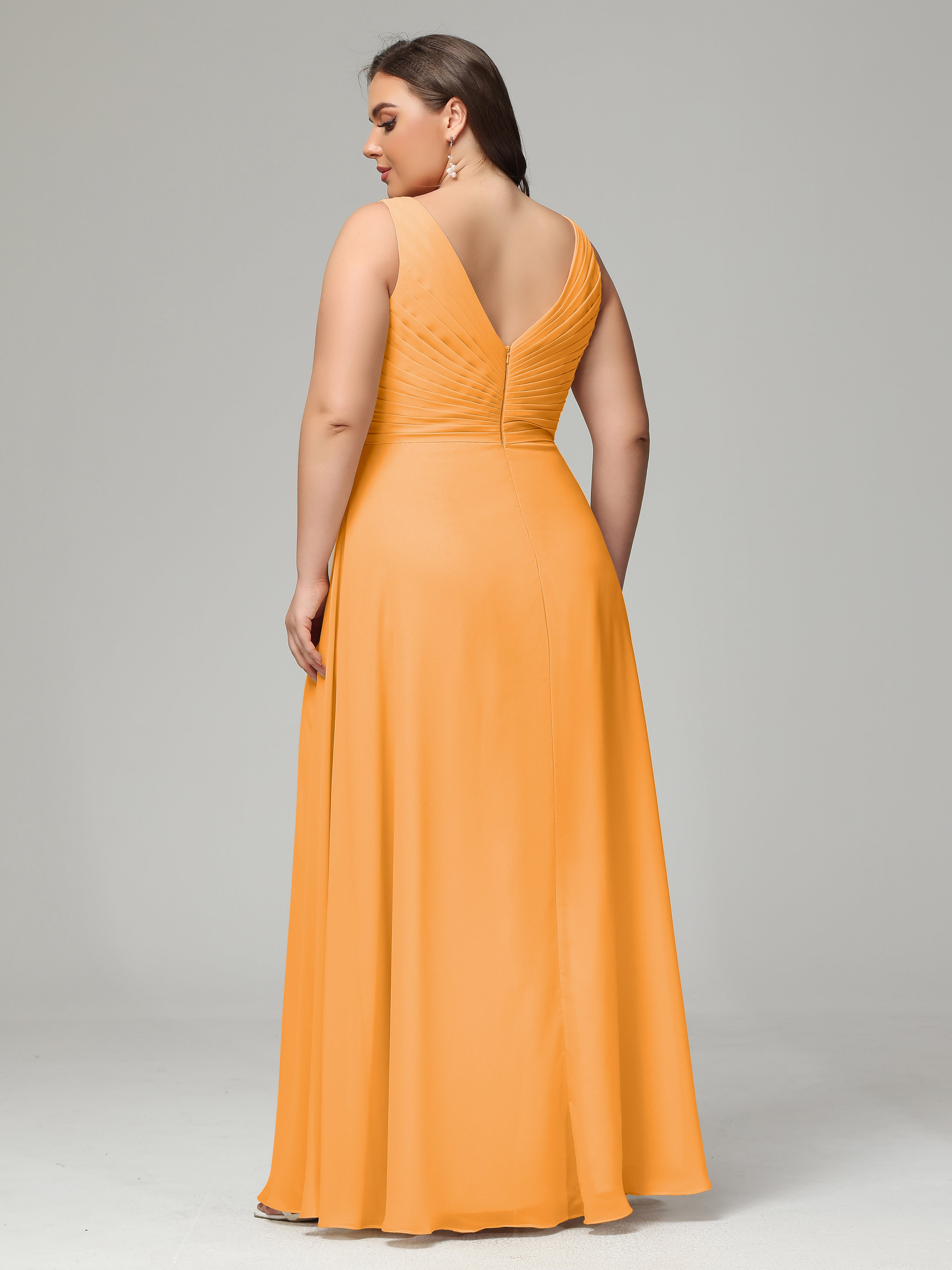 V-neck Straps Chiffon Plus Size Long Bridesmaid Dresses