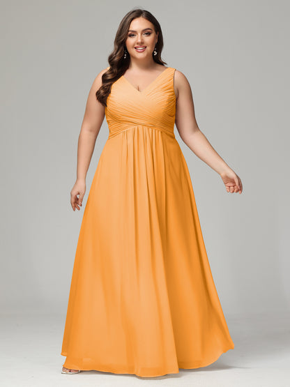 V-neck Straps Chiffon Plus Size Long Bridesmaid Dresses