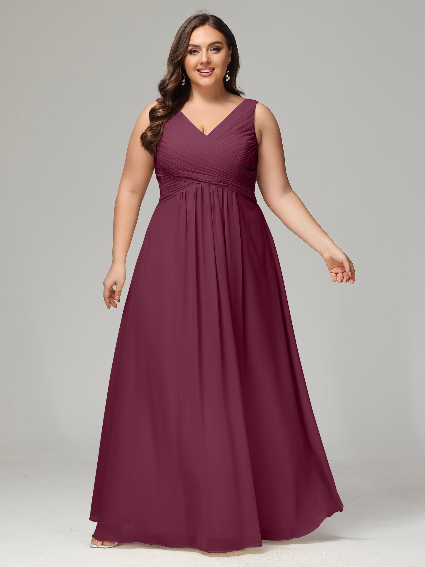 V-neck Straps Chiffon Plus Size Long Bridesmaid Dresses