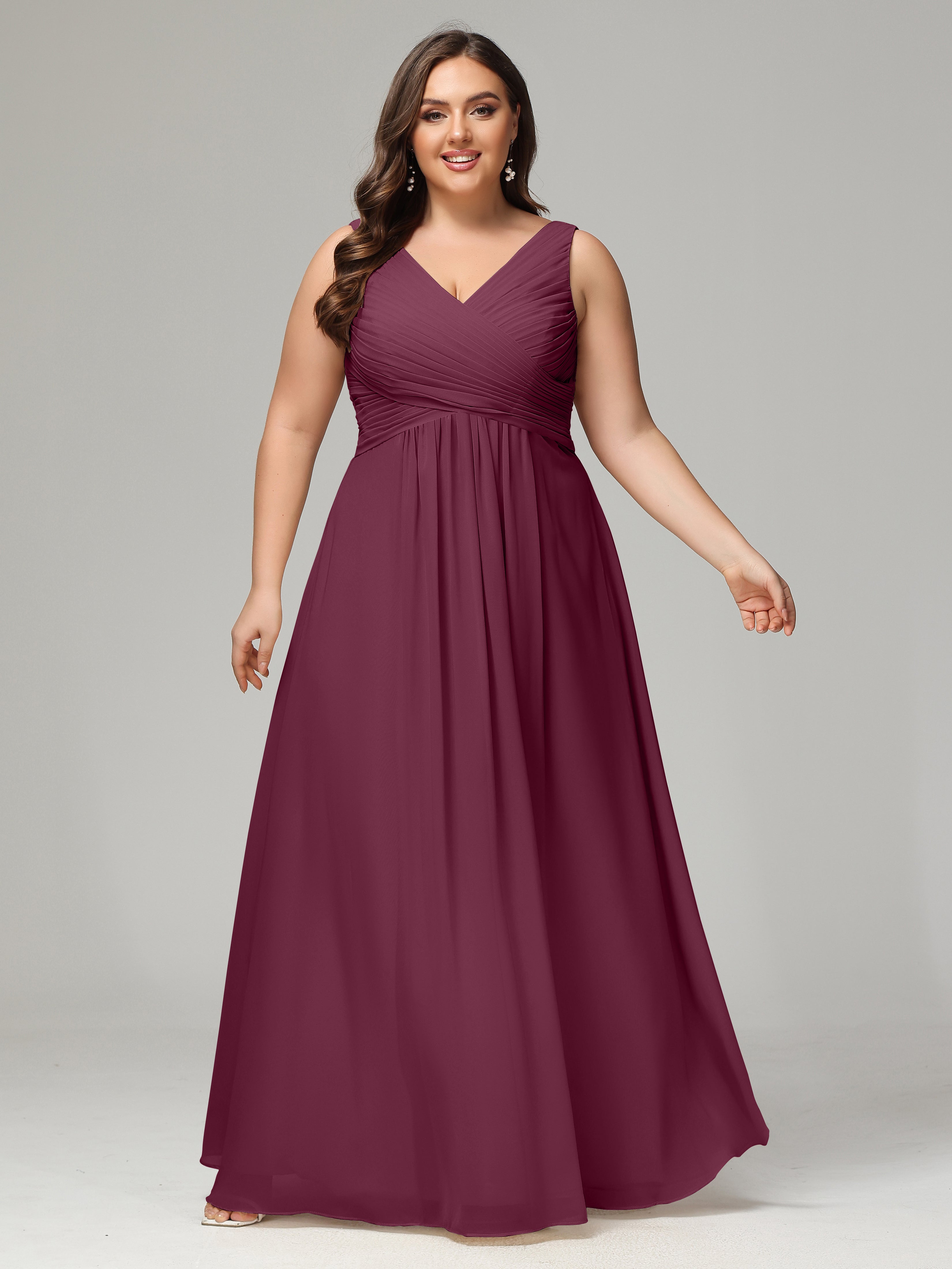V-neck Straps Chiffon Plus Size Long Bridesmaid Dresses