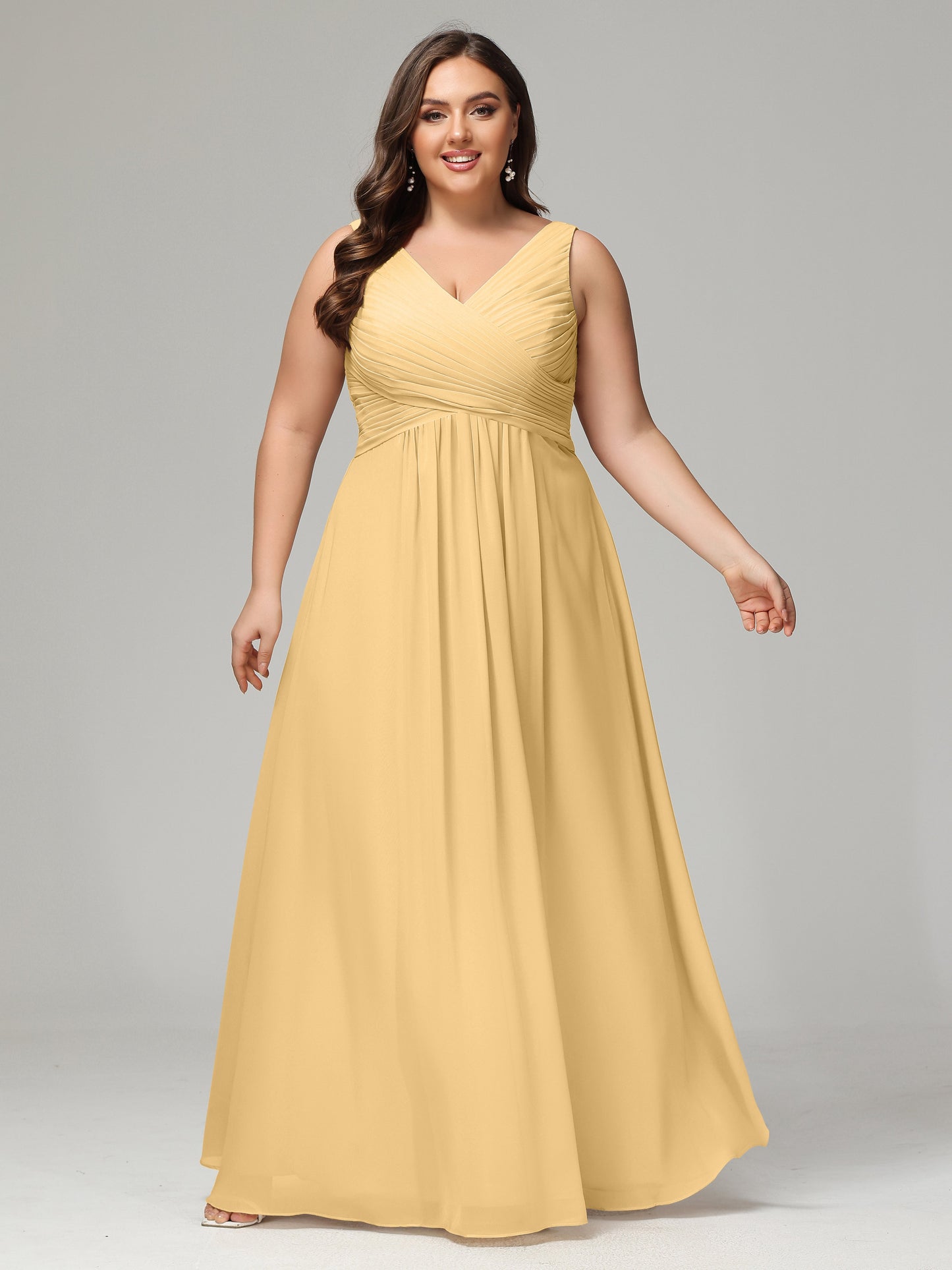 V-neck Straps Chiffon Plus Size Long Bridesmaid Dresses