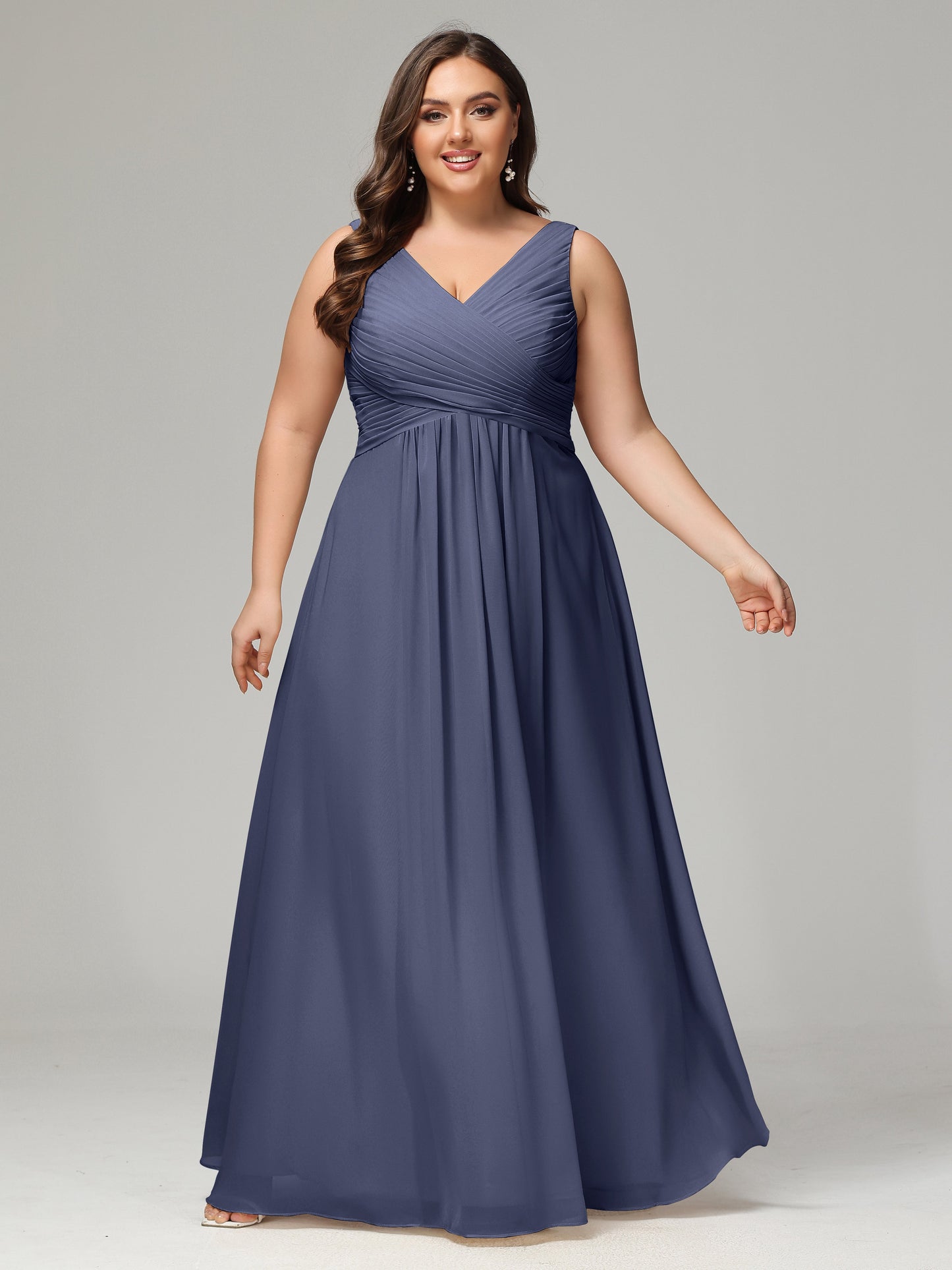 V-neck Straps Chiffon Plus Size Long Bridesmaid Dresses
