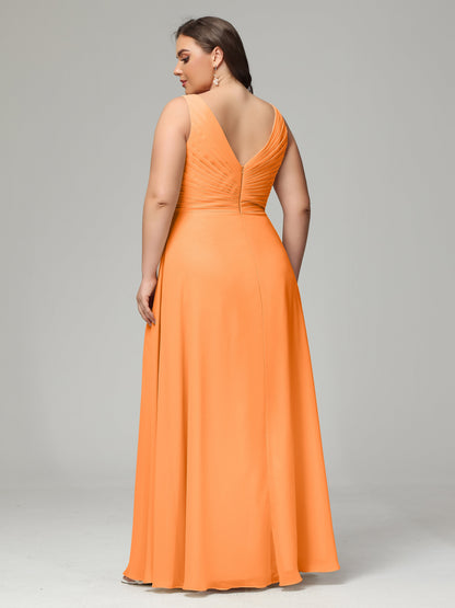 V-neck Straps Chiffon Plus Size Long Bridesmaid Dresses