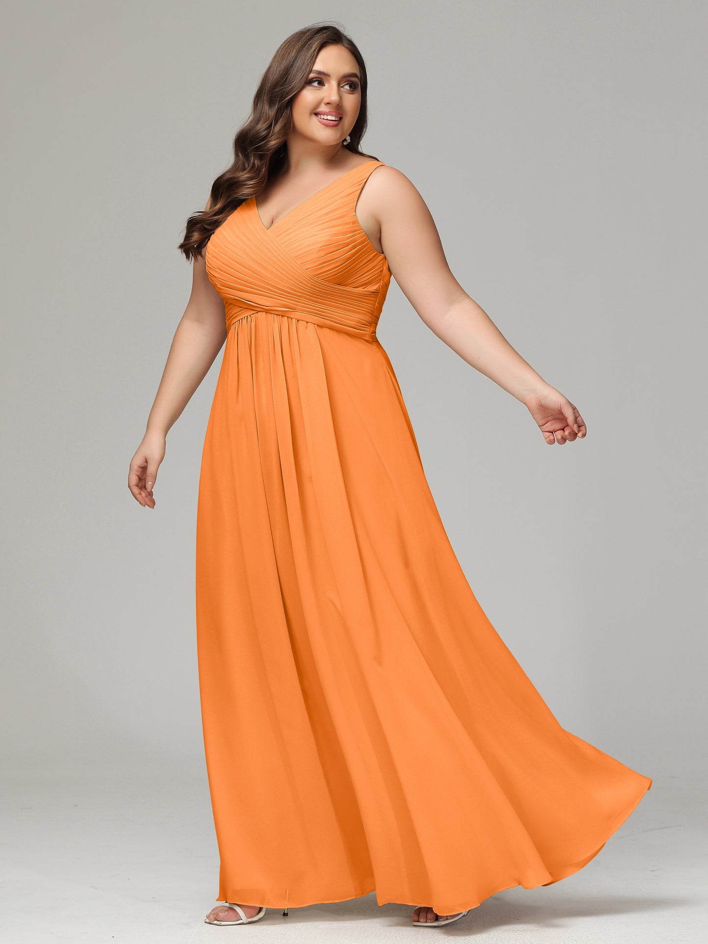 V-neck Straps Chiffon Plus Size Long Bridesmaid Dresses