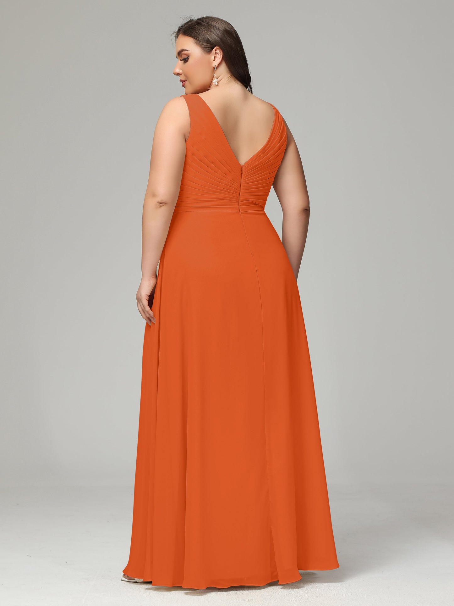 V-neck Straps Chiffon Plus Size Long Bridesmaid Dresses