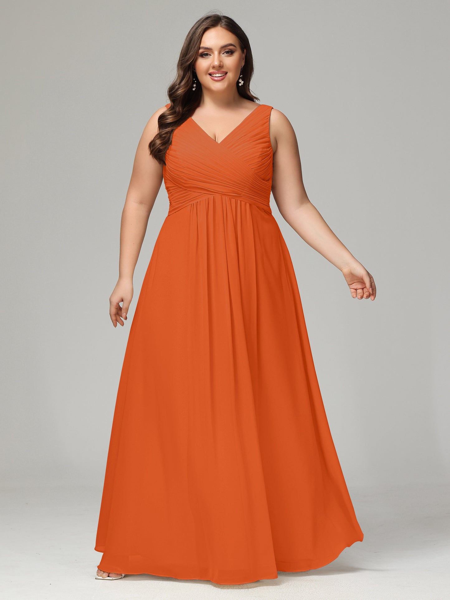 V-neck Straps Chiffon Plus Size Long Bridesmaid Dresses