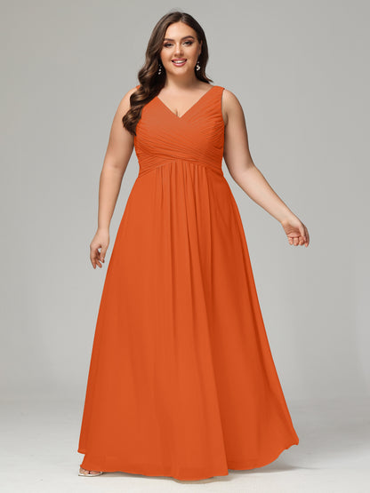 V-neck Straps Chiffon Plus Size Long Bridesmaid Dresses