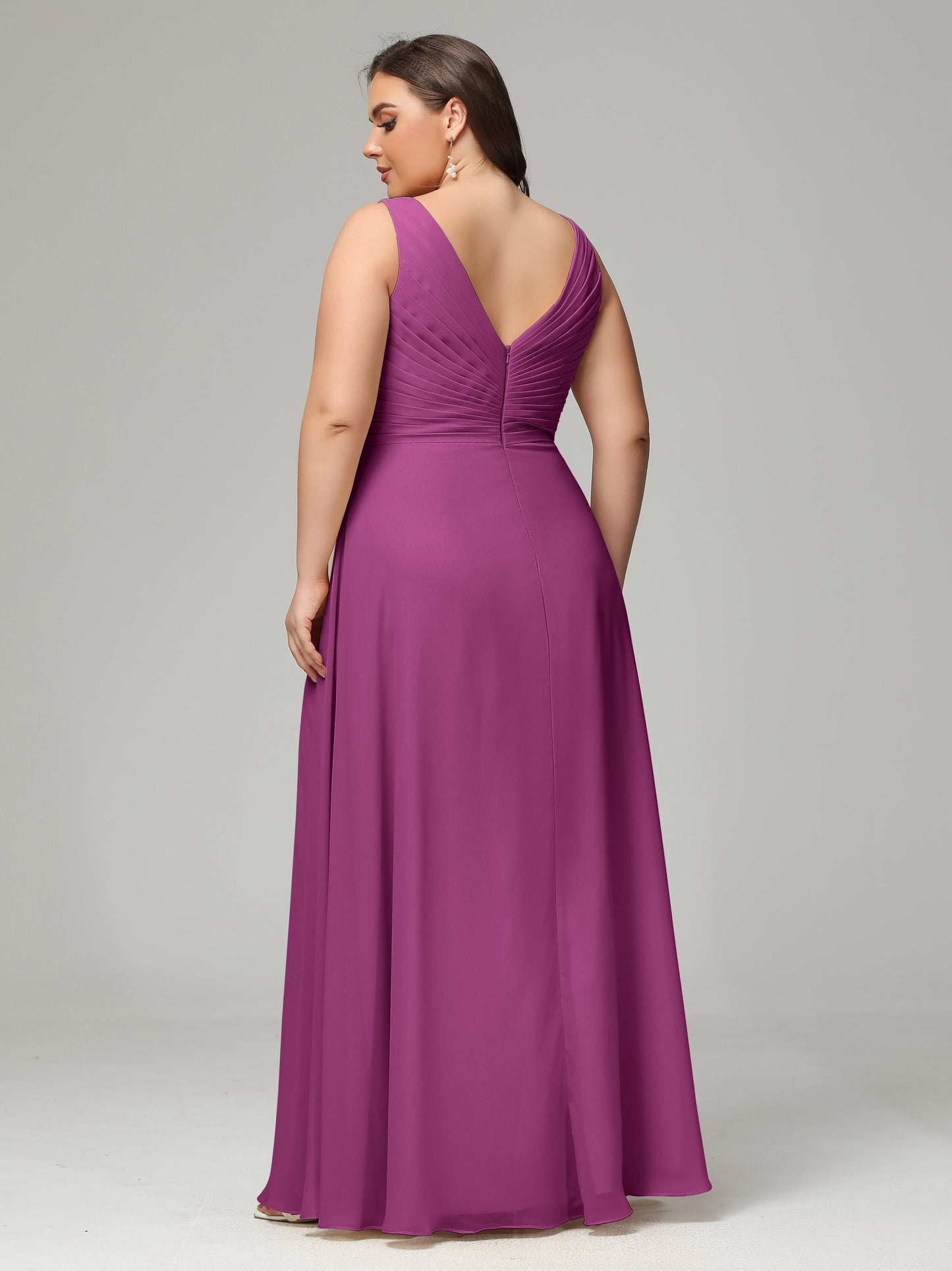 V-neck Straps Chiffon Plus Size Long Bridesmaid Dresses