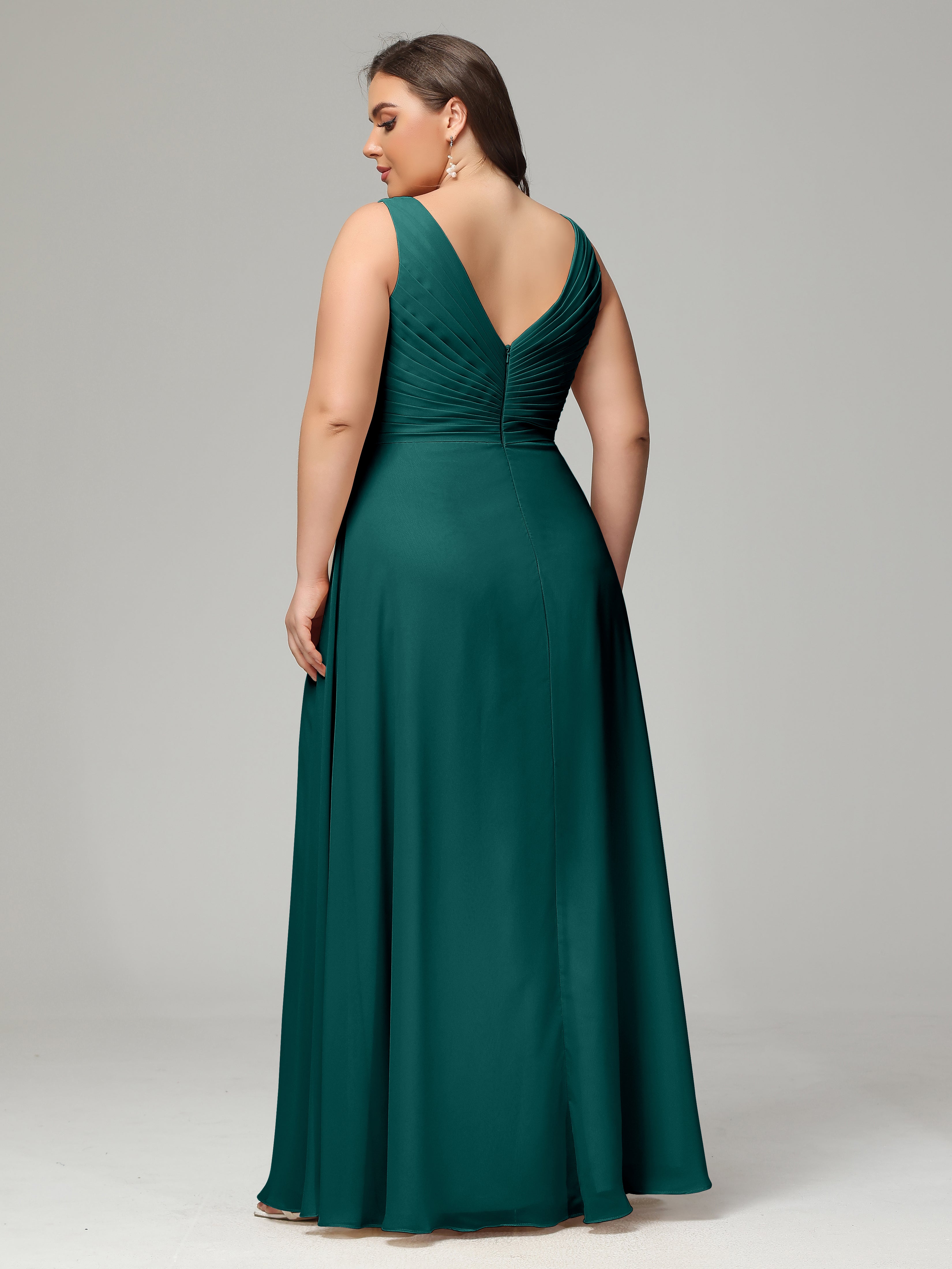 V-neck Straps Chiffon Plus Size Long Bridesmaid Dresses