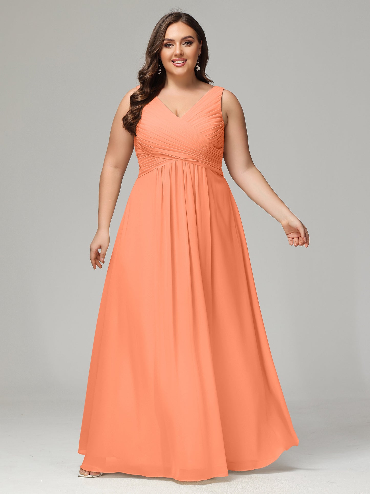 V-neck Straps Chiffon Plus Size Long Bridesmaid Dresses