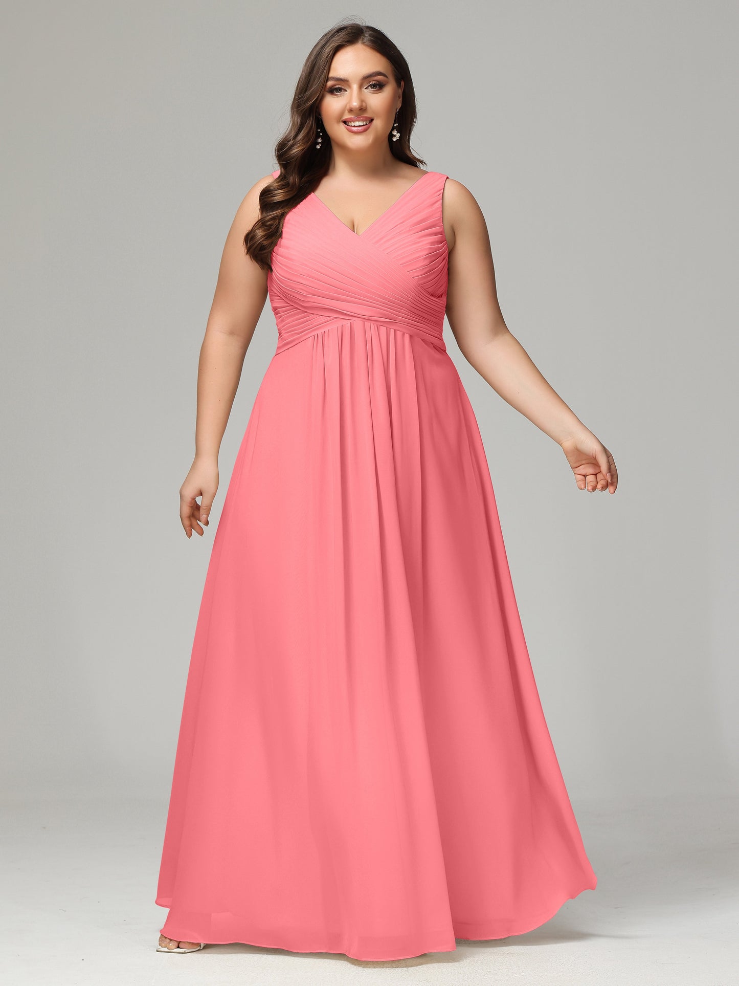 V-neck Straps Chiffon Plus Size Long Bridesmaid Dresses