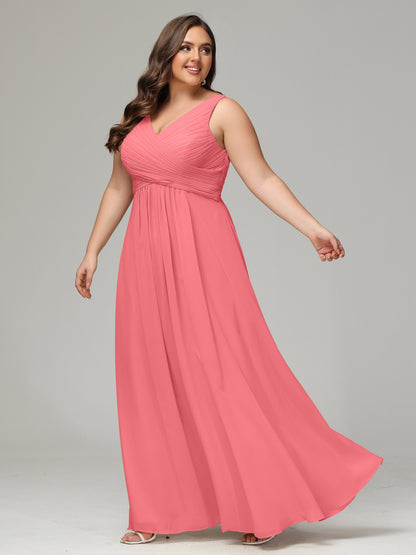 V-neck Straps Chiffon Plus Size Long Bridesmaid Dresses